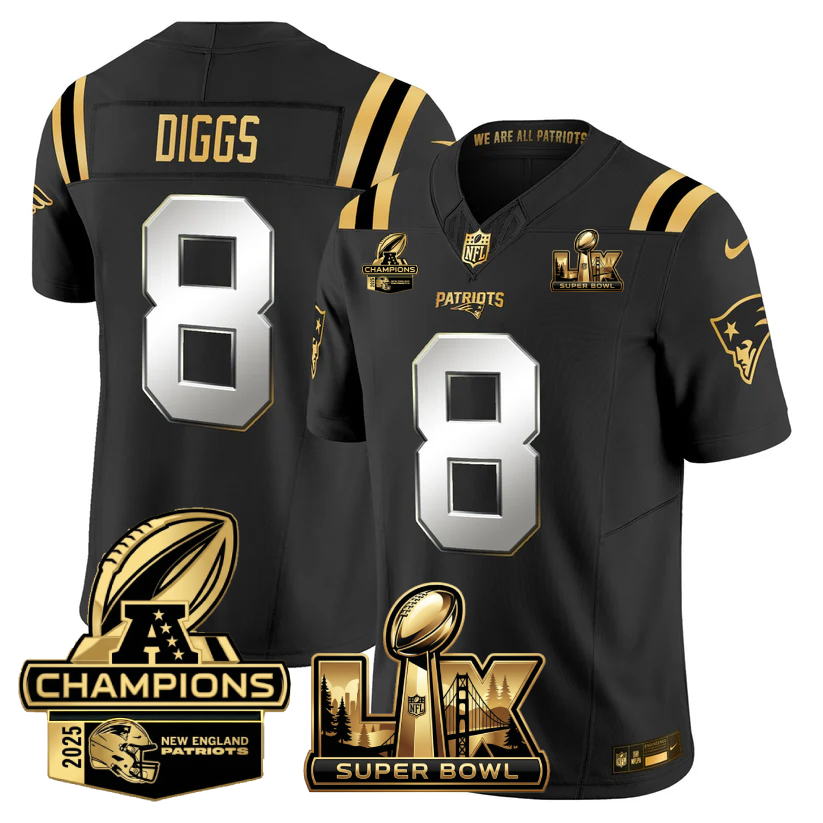 Stefon Diggs New England Patriots Super Bowl LX - AFC Champions Patch Gold Vapor Limited Black Limited Jersey - All Stitched
