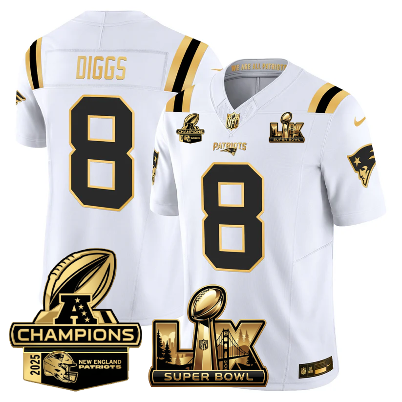 Stefon Diggs New England Patriots Super Bowl LX - AFC Champions Patch Gold Vapor Limited White Gold Jersey - All Stitched