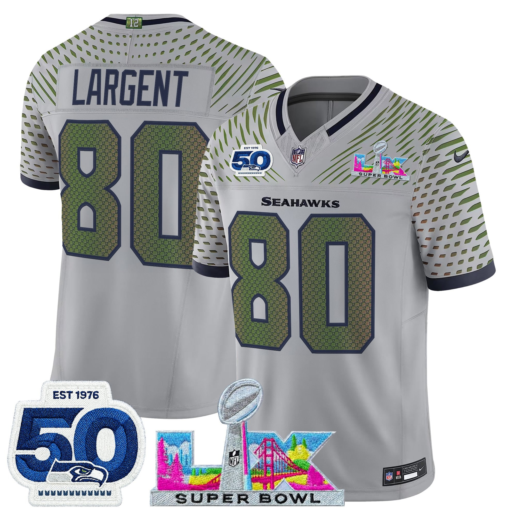 Steve Largent Men's Seattle Seahawks “Super Bowl LX & 50th Patch” Vapor Limited Wolf Gray Jersey - All Stitched