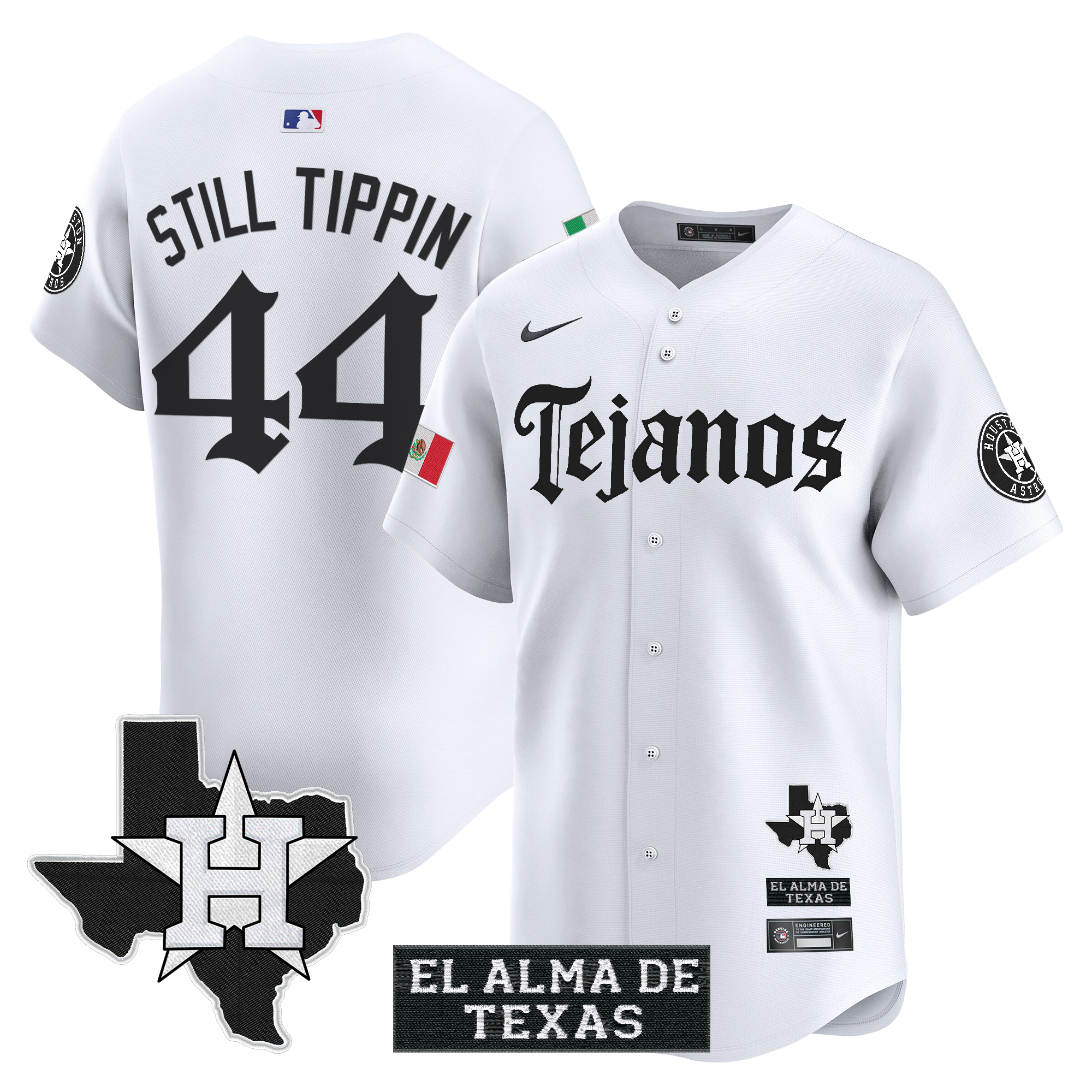 Still Tippin Men's Houston Astros Mexico Tejano Barrio Style Vapor Premier Limited White Jersey - All Stitched