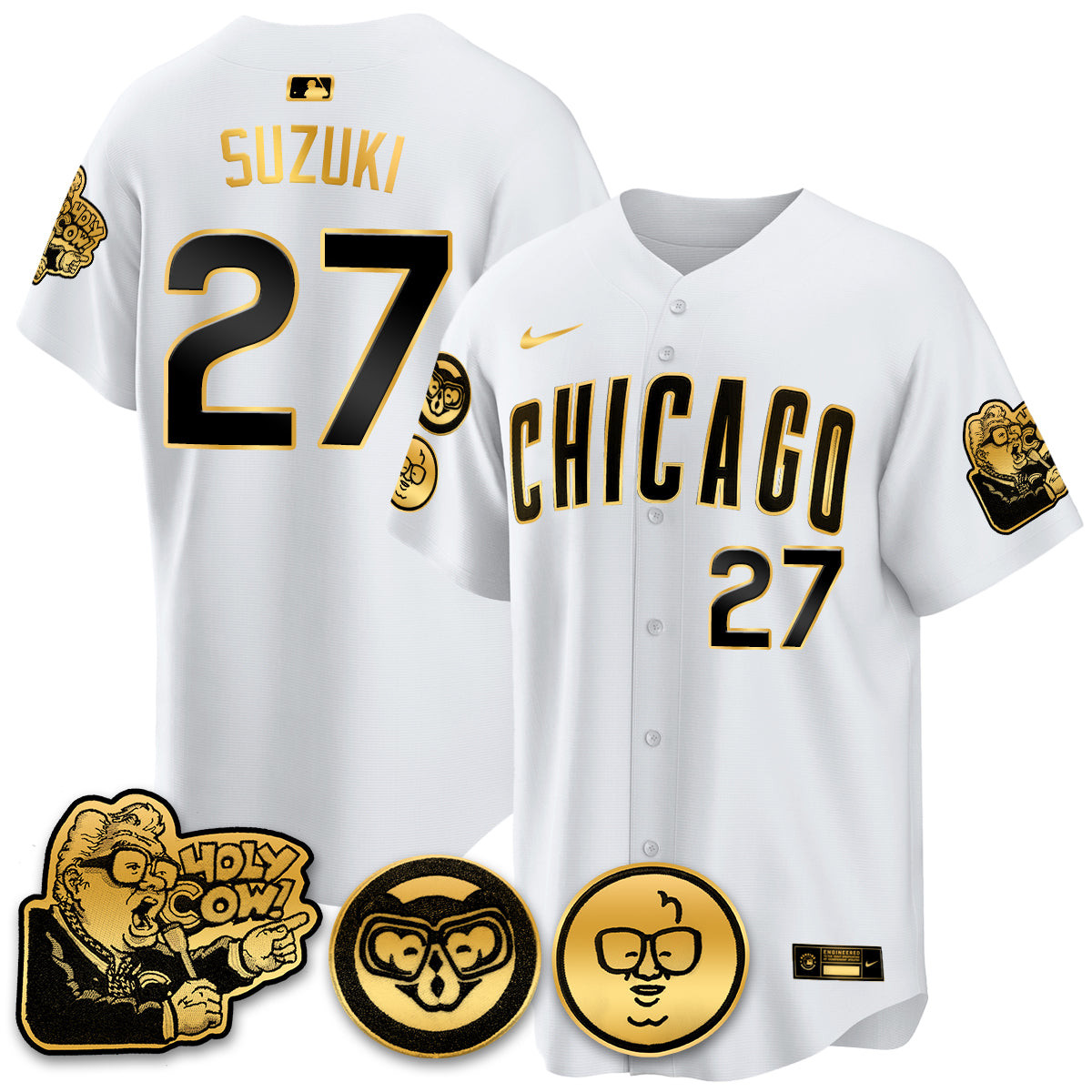 Suzuki Seiya Men's Chicago Cubs Harry Caray Holy Cow Patch Premier Limited White Gold Jersey - All Stitched