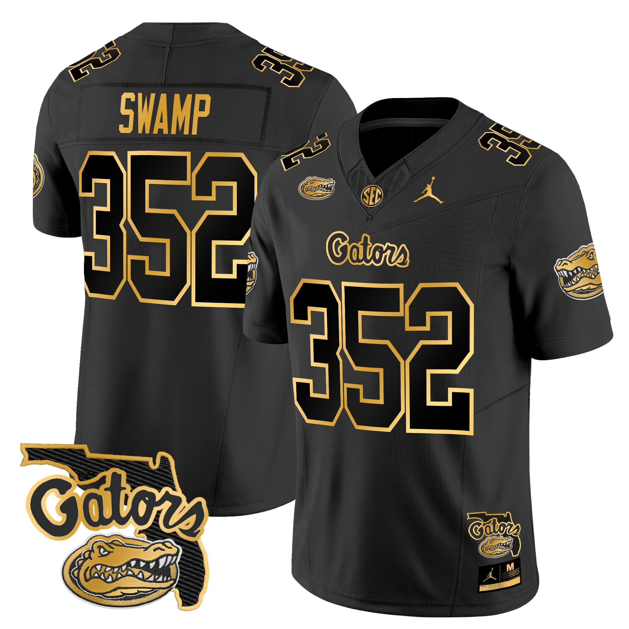 Swamp 352 Men's Florida Gators 2025 Florida Patch Gold Vapor Limited Black Gold Jersey - All Stitched