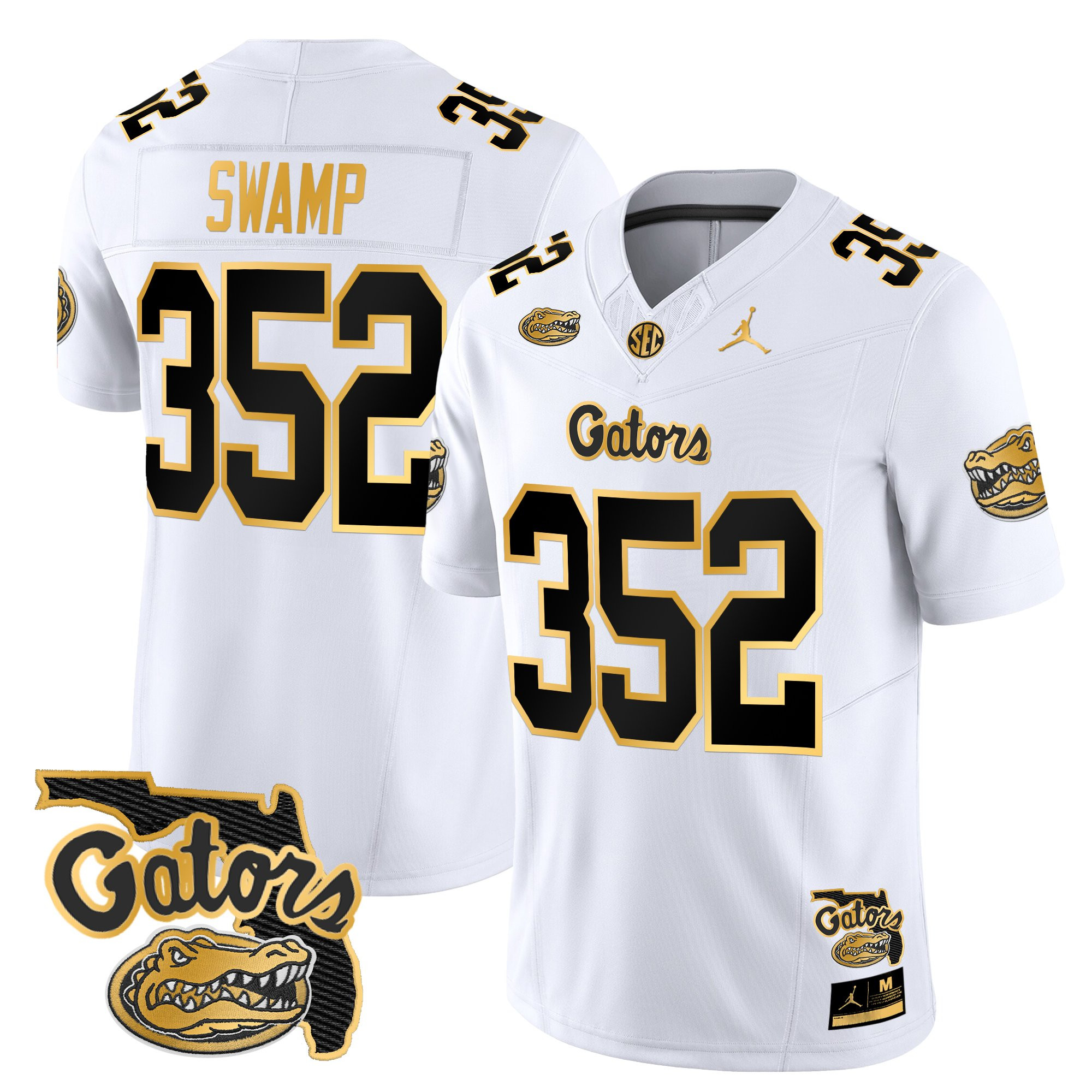 Swamp 352 Men's Florida Gators 2025 Florida Patch Gold Vapor Limited White Gold Jersey - All Stitched