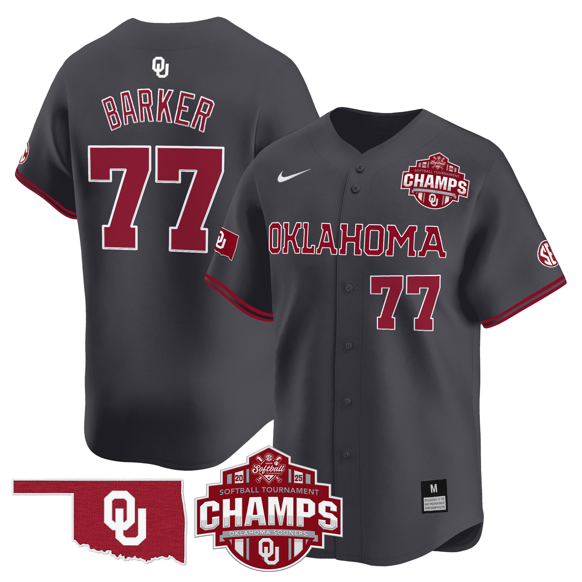 Sydney Barker Men's Size - Oklahoma Sooners 2025 SEC Softball Conference Tournament Champions Patch Vapor Premier Limited Anthracite Jersey - All Stitched