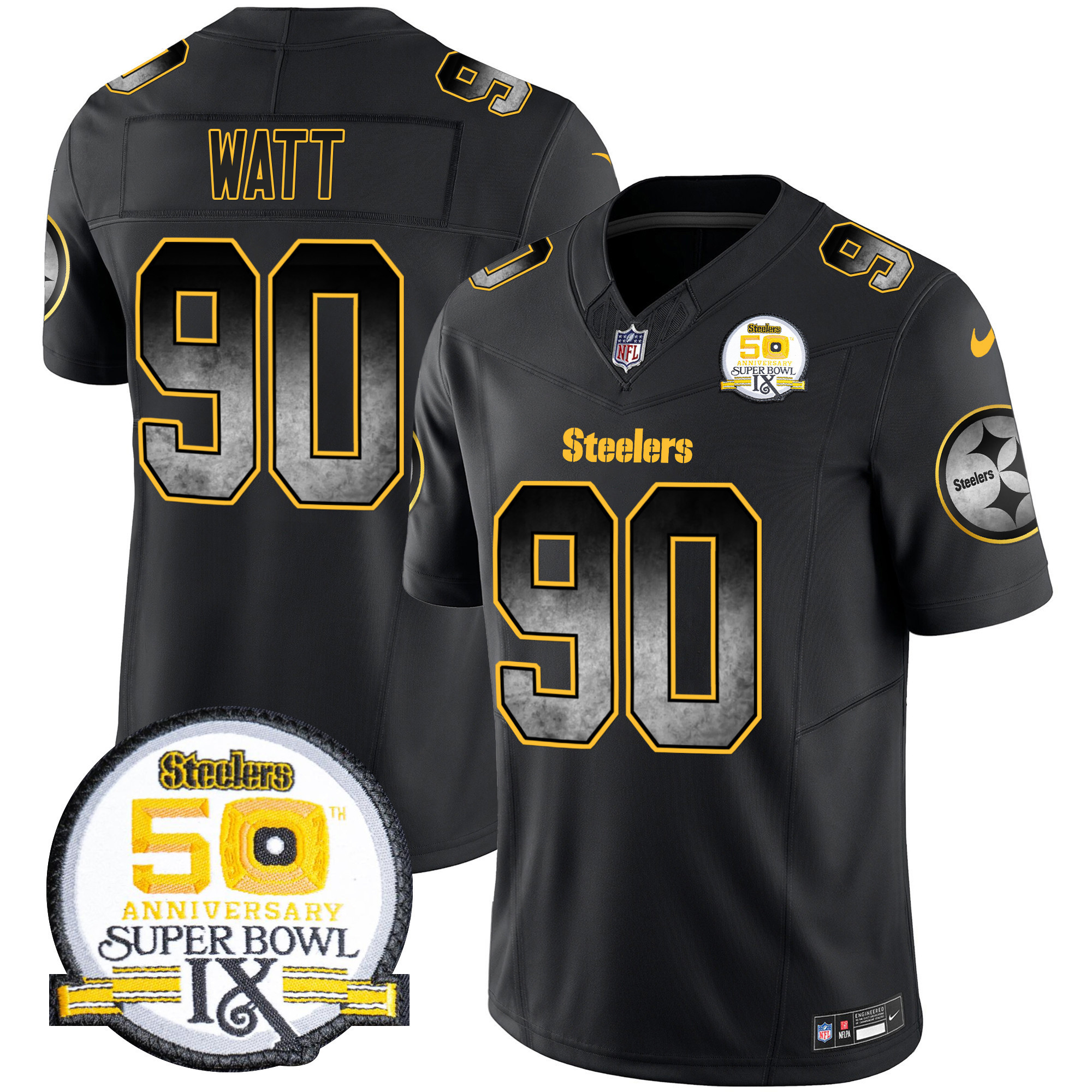 T. J. Watt Men's Pittsburgh Steelers Arch Smoke 50th Anniversary Of Super Bowl IX Patch Vapor Limited Black Jersey - All Stitched