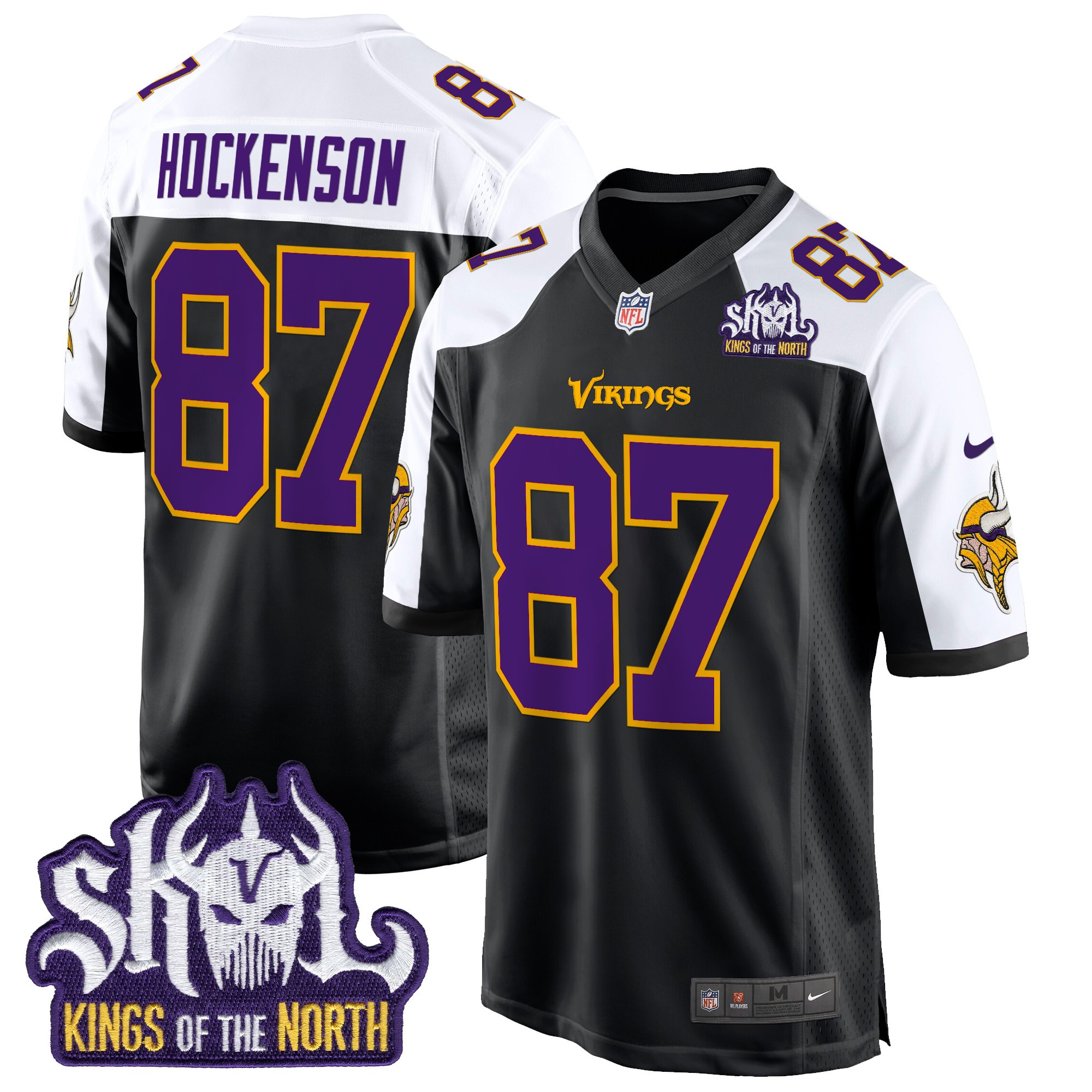 T.J. Hockenson Men's Minnesota Vikings King Of The North Patch Throwback Game Black Alternate Jersey - All Stitched