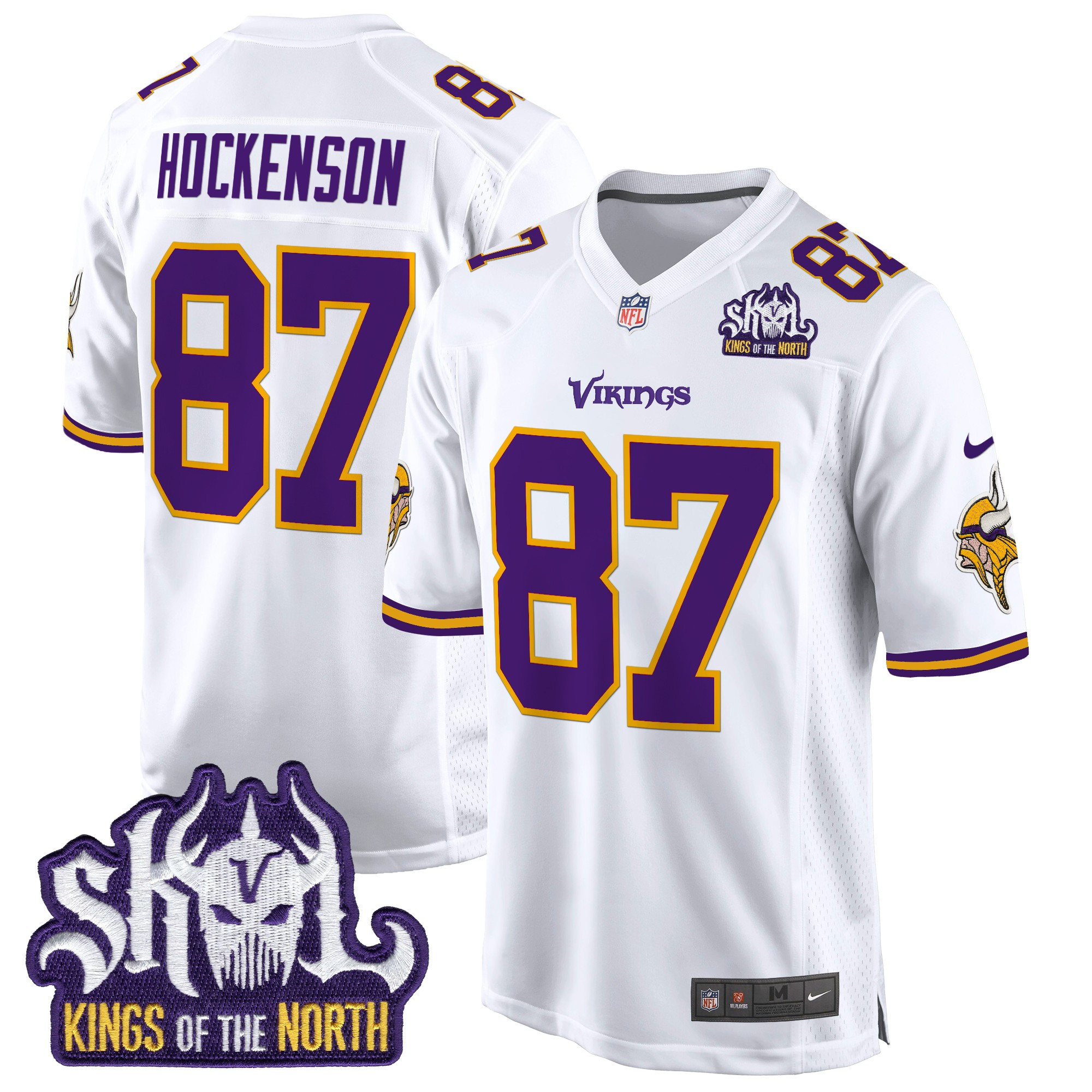 T.J. Hockenson Men's Minnesota Vikings King Of The North Patch Throwback Game White Jersey - All Stitched