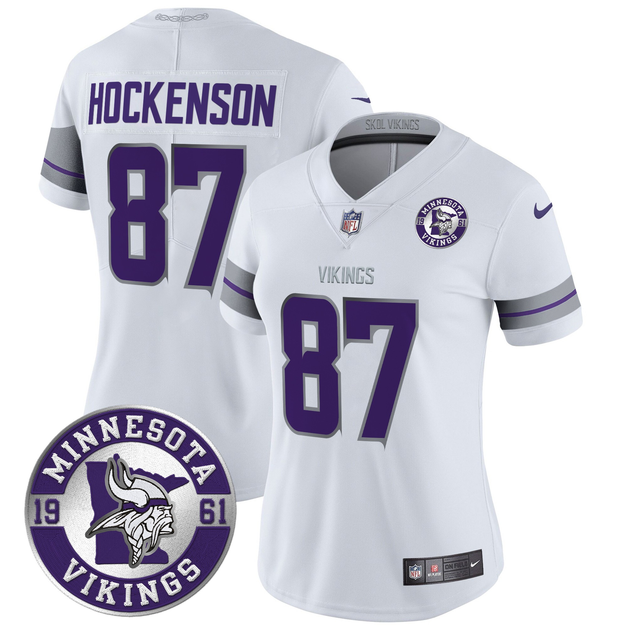 T.J. Hockenson Women's Minnesota Vikings 2024 Vapor Limited White Jersey - Est. 1961 Patch - All Stitched