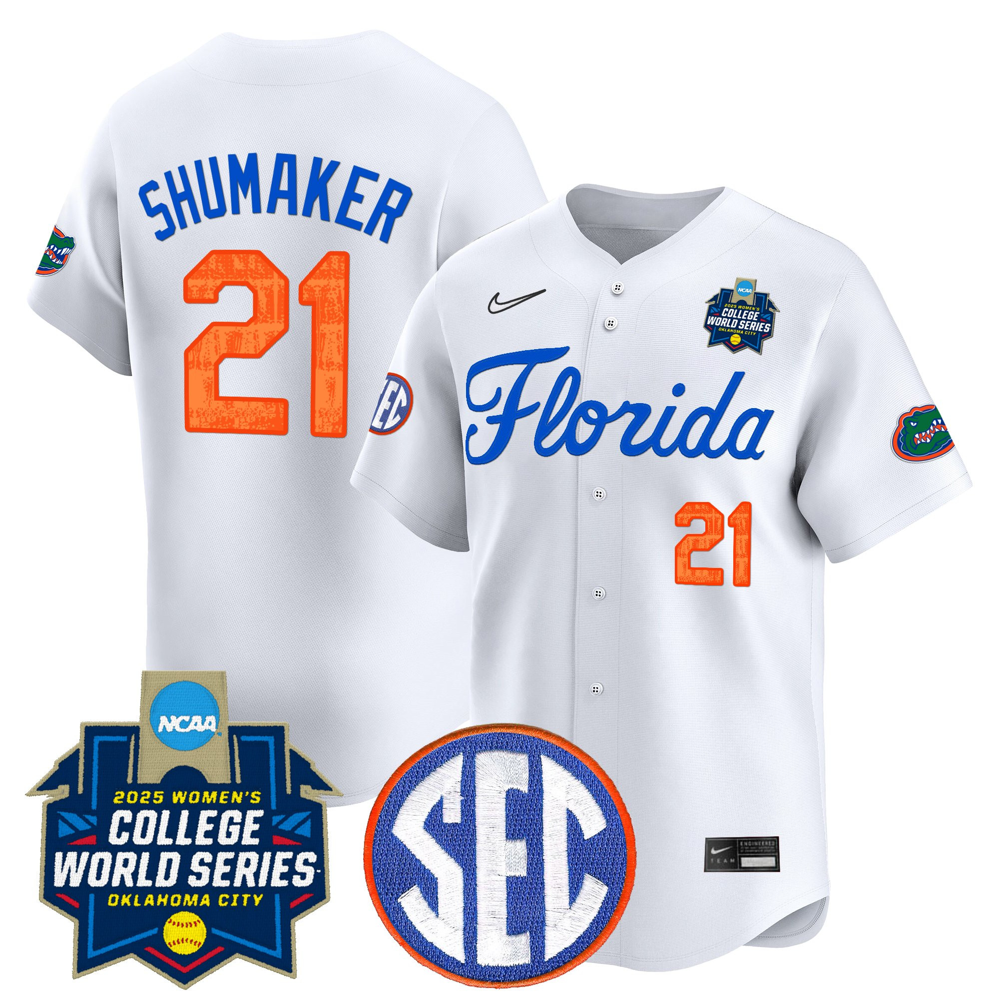 Taylor Shumaker Men's Size - Florida Gators Softball 2025 World Series (WCWS) Vapor Premier Limited White Jersey - All Stitched