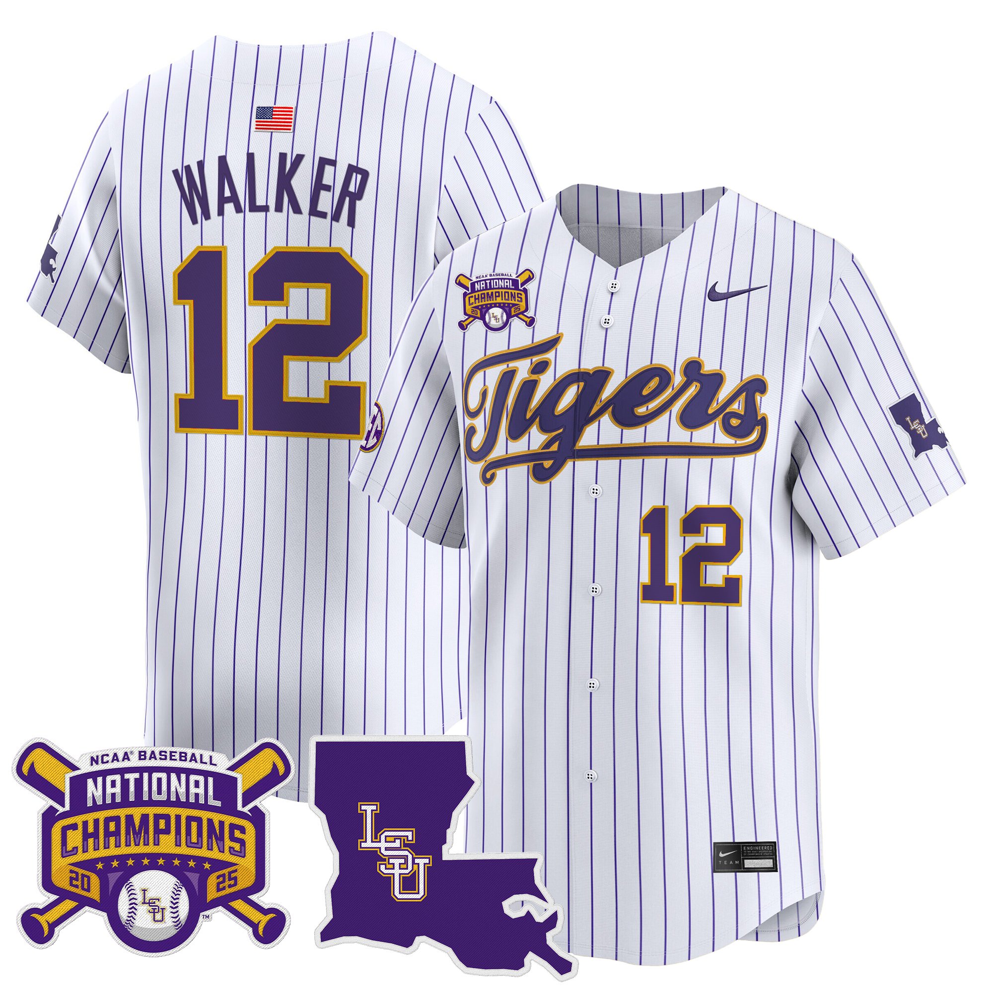 Todd Walker Men's LSU Tigers 2025 College World Series Champions Vapor Premier Limited Pinstripe Jersey - All Stitched