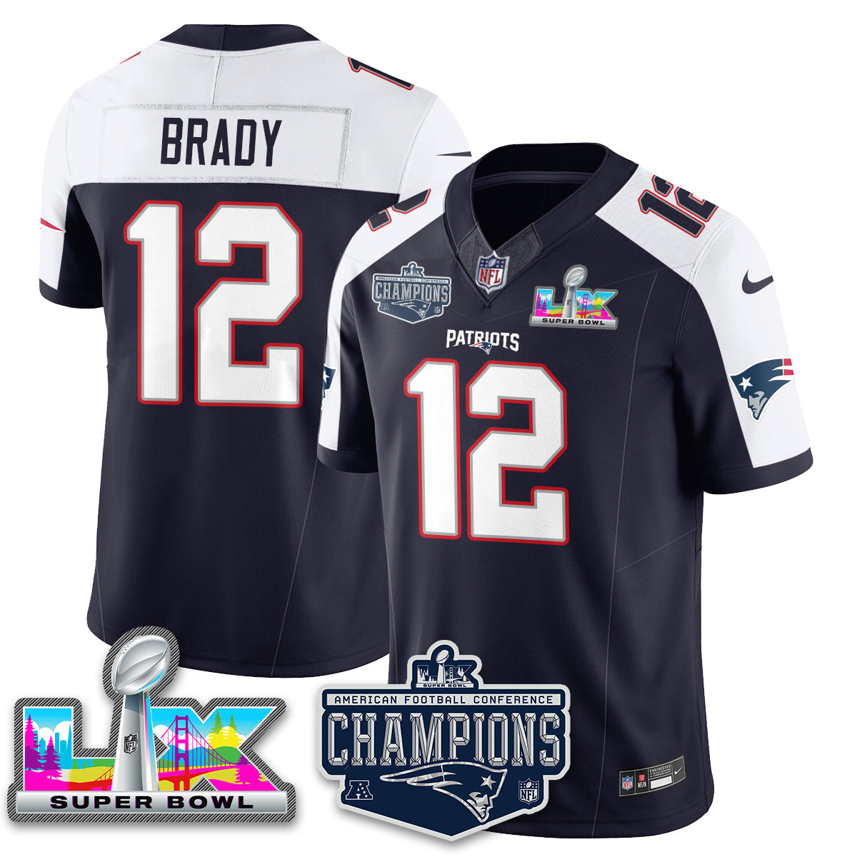 Tom Brady - 12 New England Patriots 2025 AFC Champions Vapor Limited Navy Alternate Jersey - All Stitched