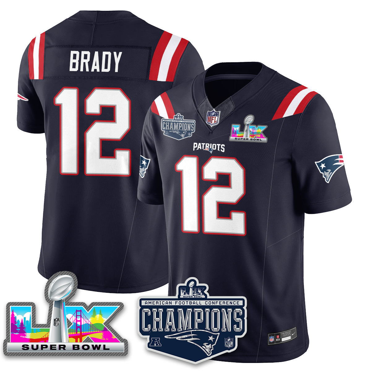 Tom Brady - 12 New England Patriots 2025 AFC Champions Vapor Limited Navy Jersey - All Stitched