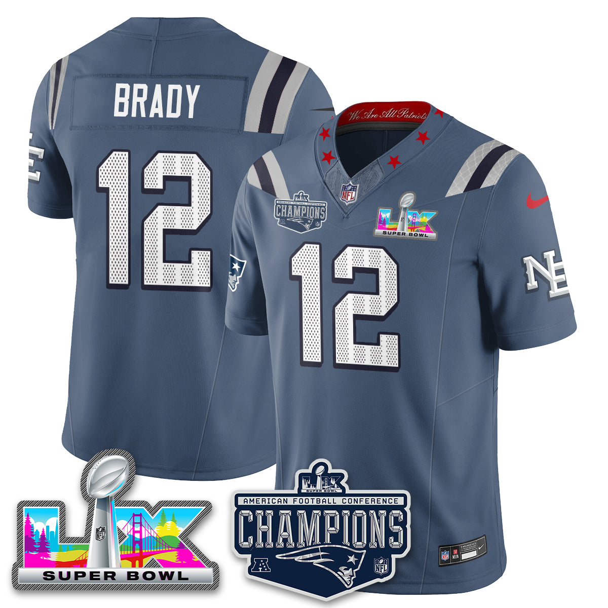 Tom Brady - 12 New England Patriots 2025 AFC Champions Vapor Limited Storm Blue Jersey - All Stitched