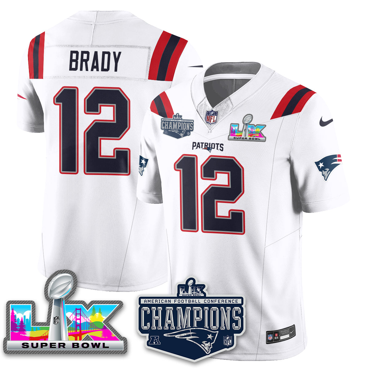 Tom Brady - 12 New England Patriots 2025 AFC Champions Vapor Limited White Jersey - All Stitched