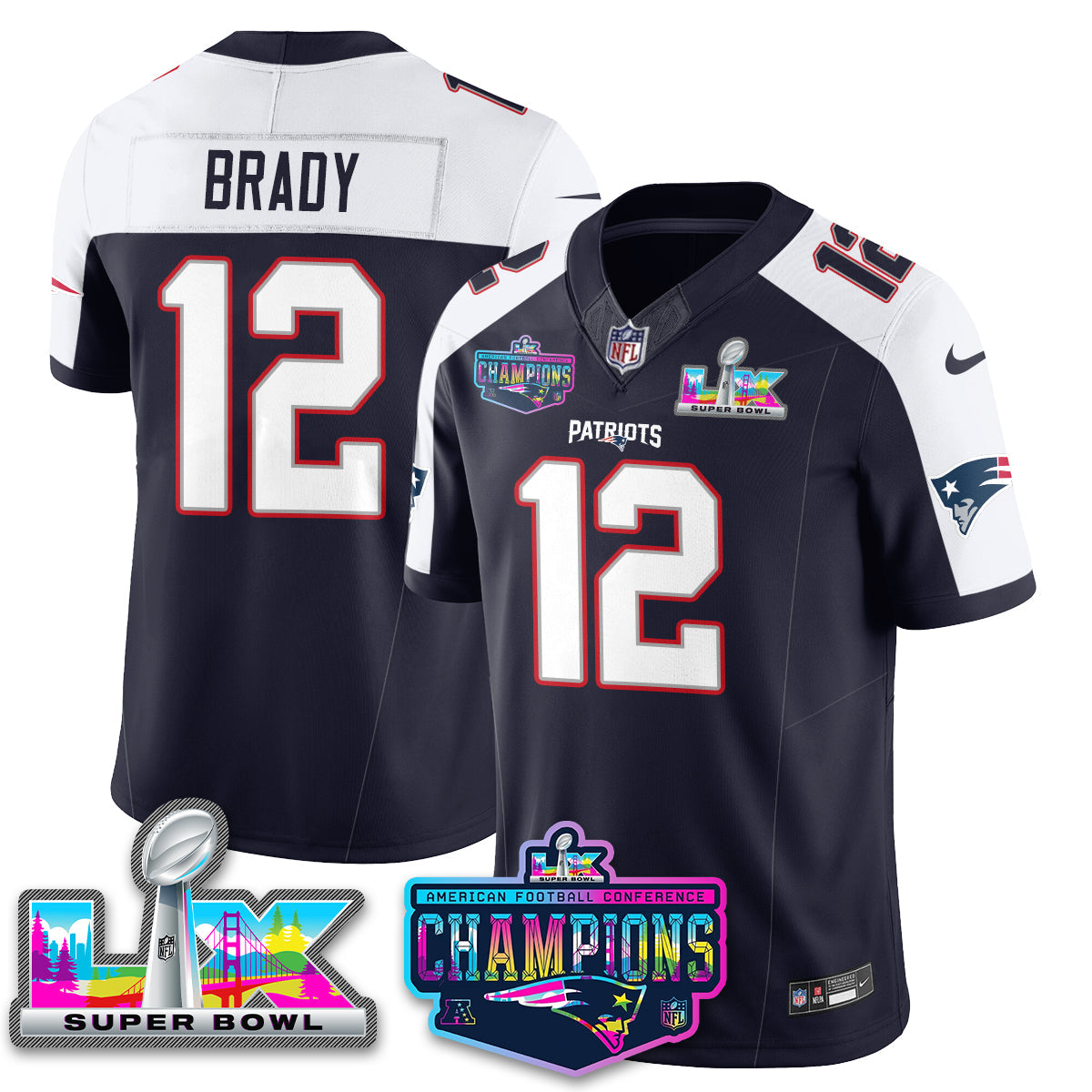 Tom Brady - 12 New England Patriots 2025 Vapor Navy Alternate Jersey - AFC Champions Limited Patch - All Stitched