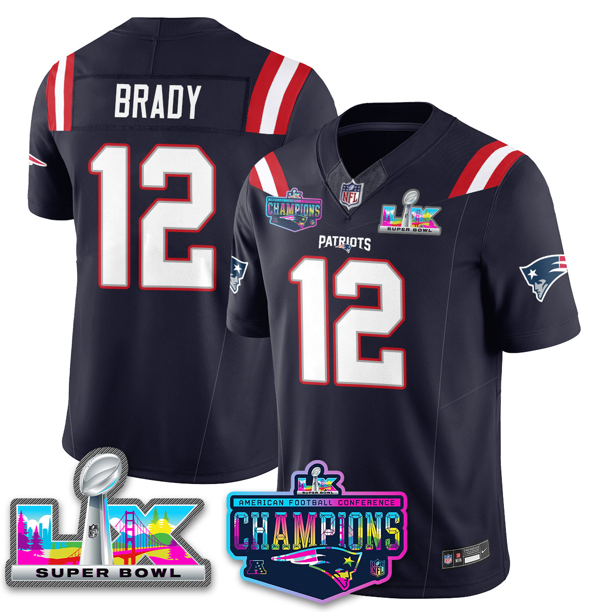 Tom Brady - 12 New England Patriots 2025 Vapor Navy Jersey - AFC Champions Limited Patch - All Stitched