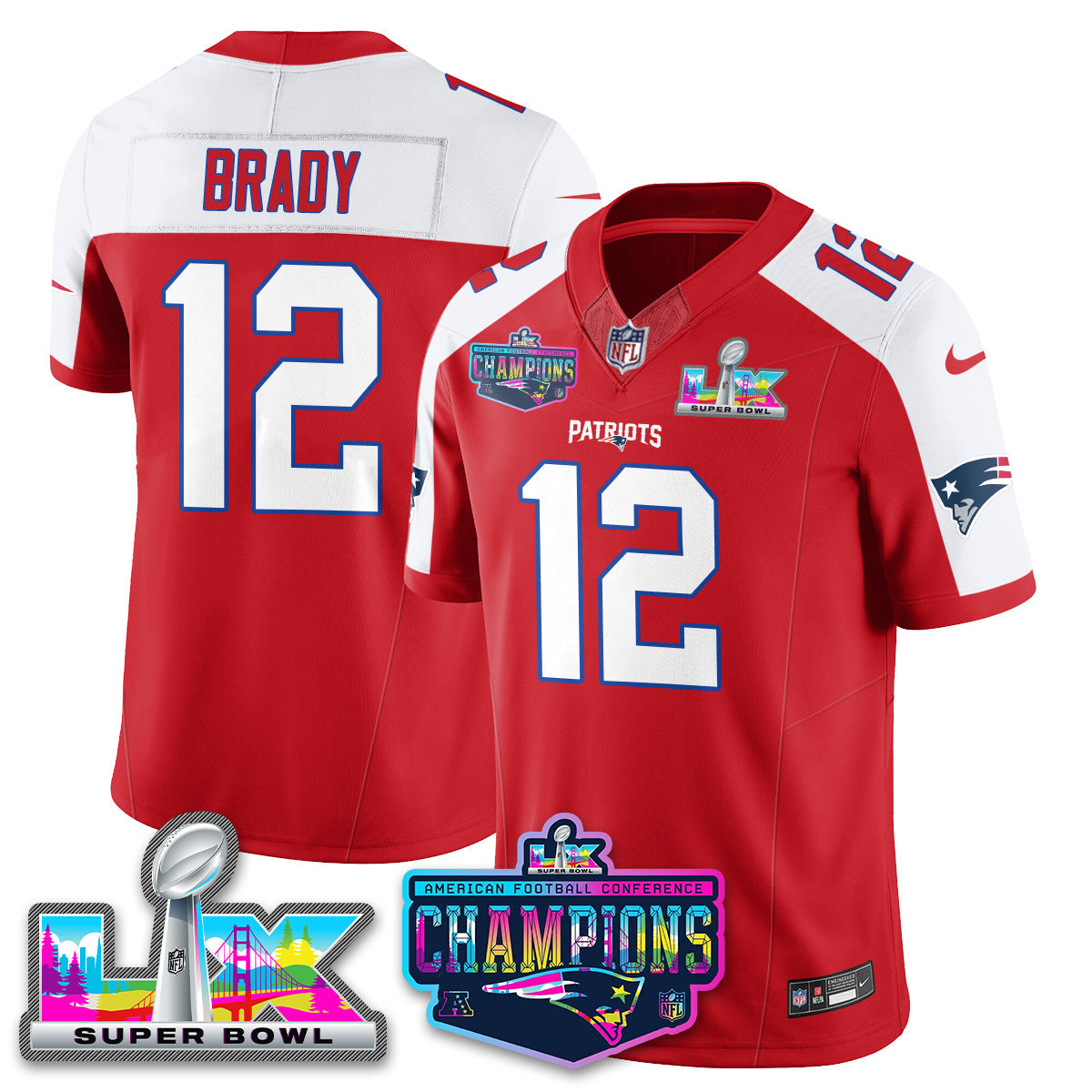 Tom Brady - 12 New England Patriots 2025 Vapor Red Alternate Jersey - AFC Champions Limited Patch - All Stitched