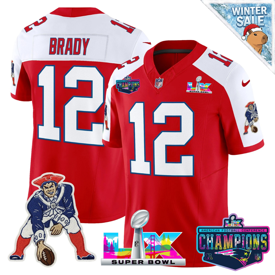 Tom Brady - 12 New England Patriots 2025 Vapor Red Throwback Alternate Jersey - AFC Champions Limited Patch - All Stitched