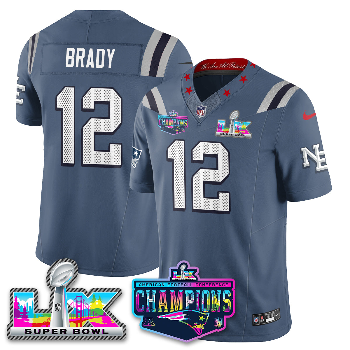 Tom Brady - 12 New England Patriots 2025 Vapor Storm Blue Jersey - AFC Champions Limited Patch - All Stitched