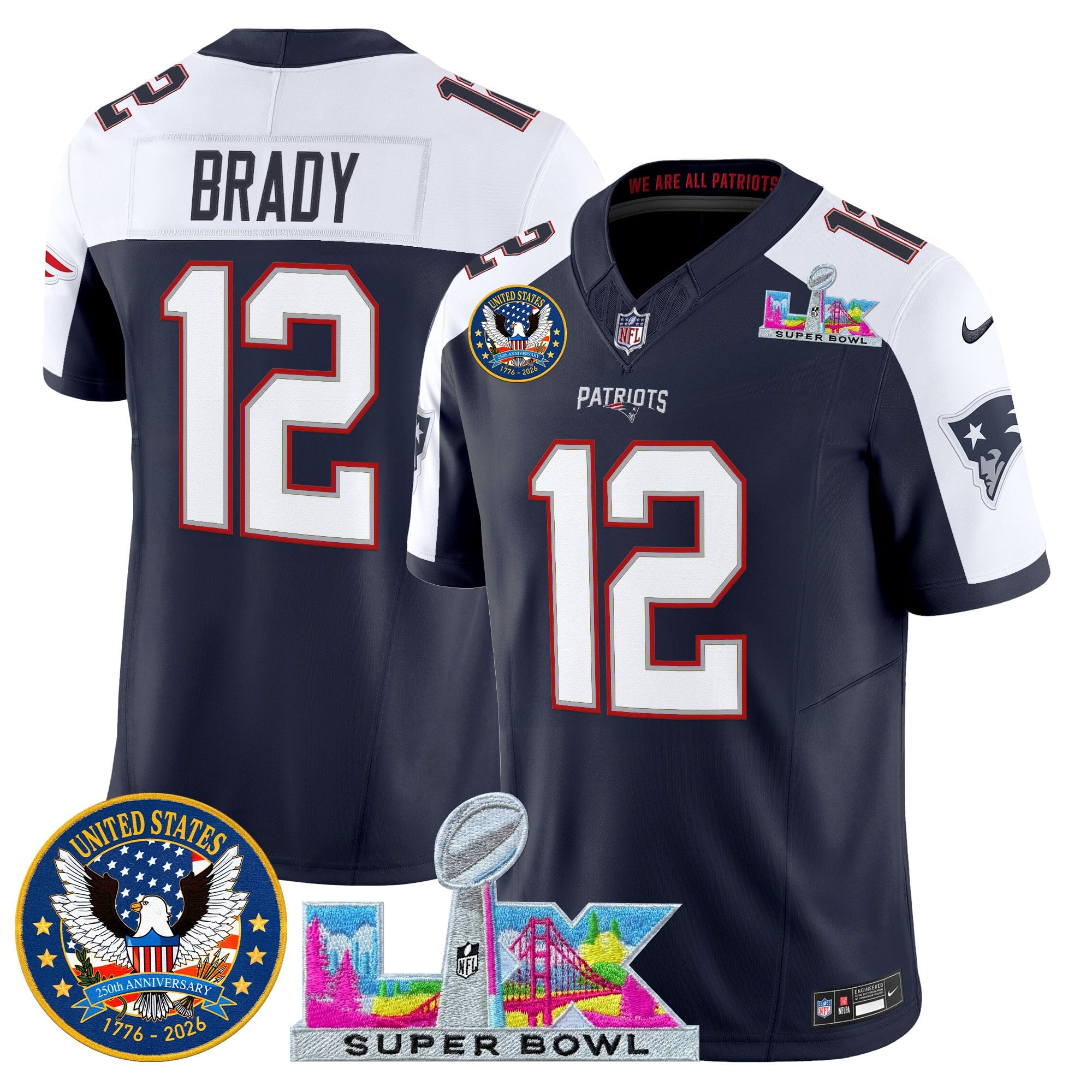 Tom Brady Men's New England Patriots “Super Bowl LX & United States 250th Patch” Vapor Limited Navy Alternate Jersey - All Stitched