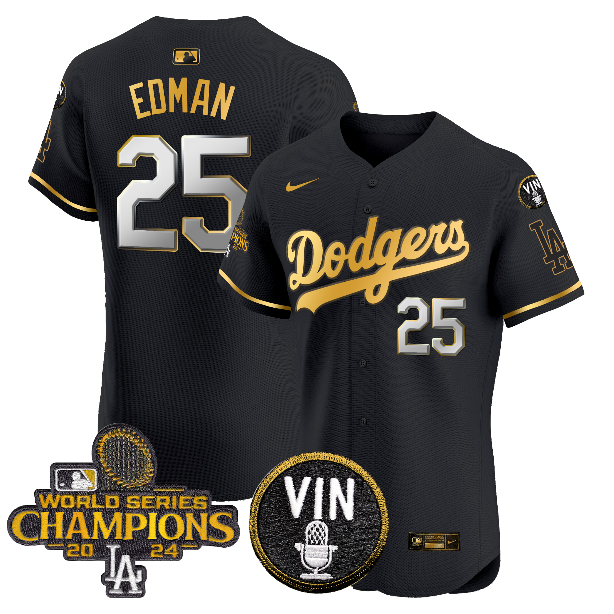 Tommy Edman Men's Los Angeles Dodgers 2024 World Series Champions Gold Trim Vapor Premier Elite Black Gold Jersey - All Stitched