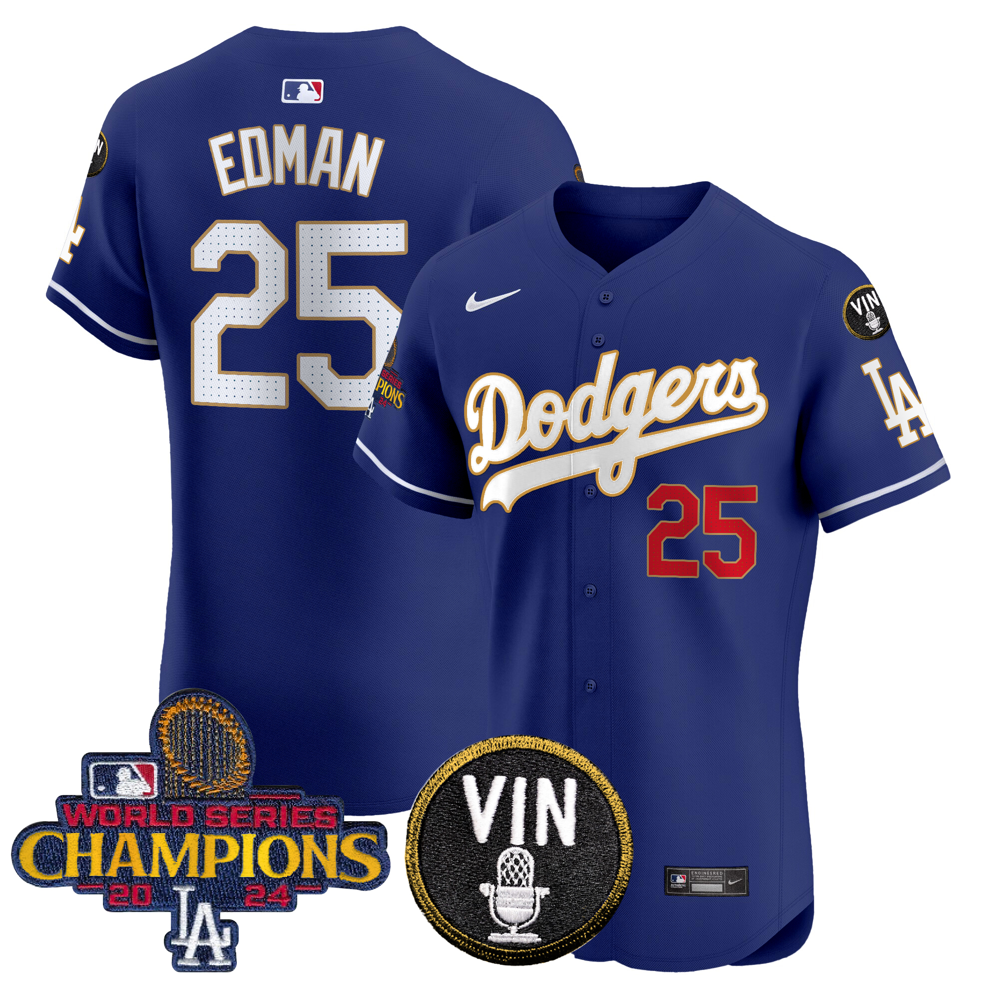 Tommy Edman Men's Los Angeles Dodgers 2024 World Series Champions Gold Trim Vapor Premier Elite Royal Jersey - All Stitched