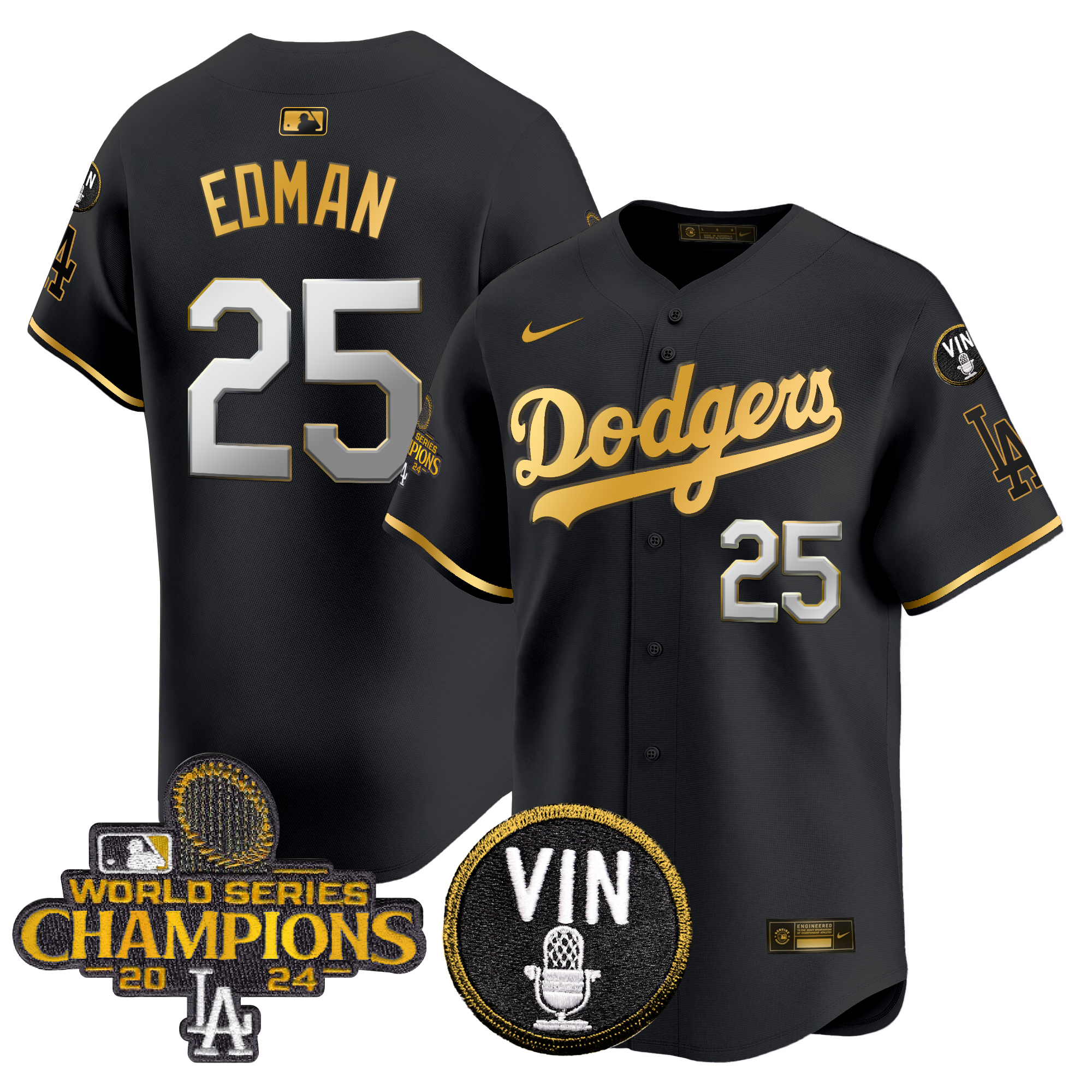 Tommy Edman Men's Los Angeles Dodgers 2024 World Series Champions Gold Trim Vapor Premier Limited Black Gold Jersey V3 - All Stitched