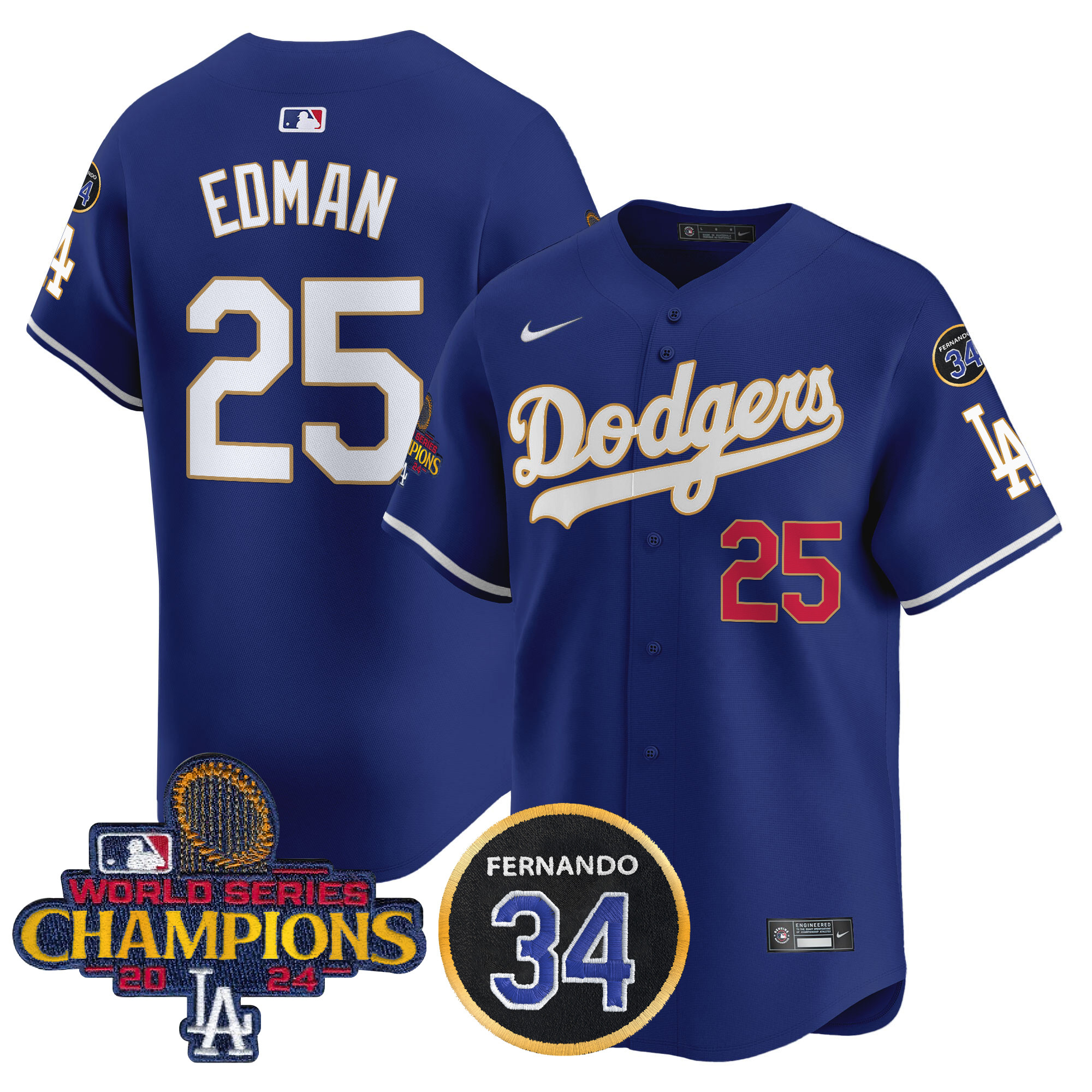 Tommy Edman Men's Los Angeles Dodgers 2024 World Series Champions Gold Trim Vapor Premier Limited Royal Jersey V2 - All Stitched