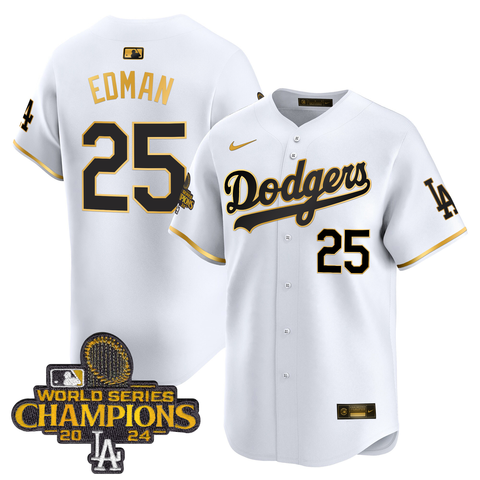 Tommy Edman Men's Los Angeles Dodgers 2024 World Series Champions Gold Trim Vapor Premier Limited White Gold Jersey - All Stitched