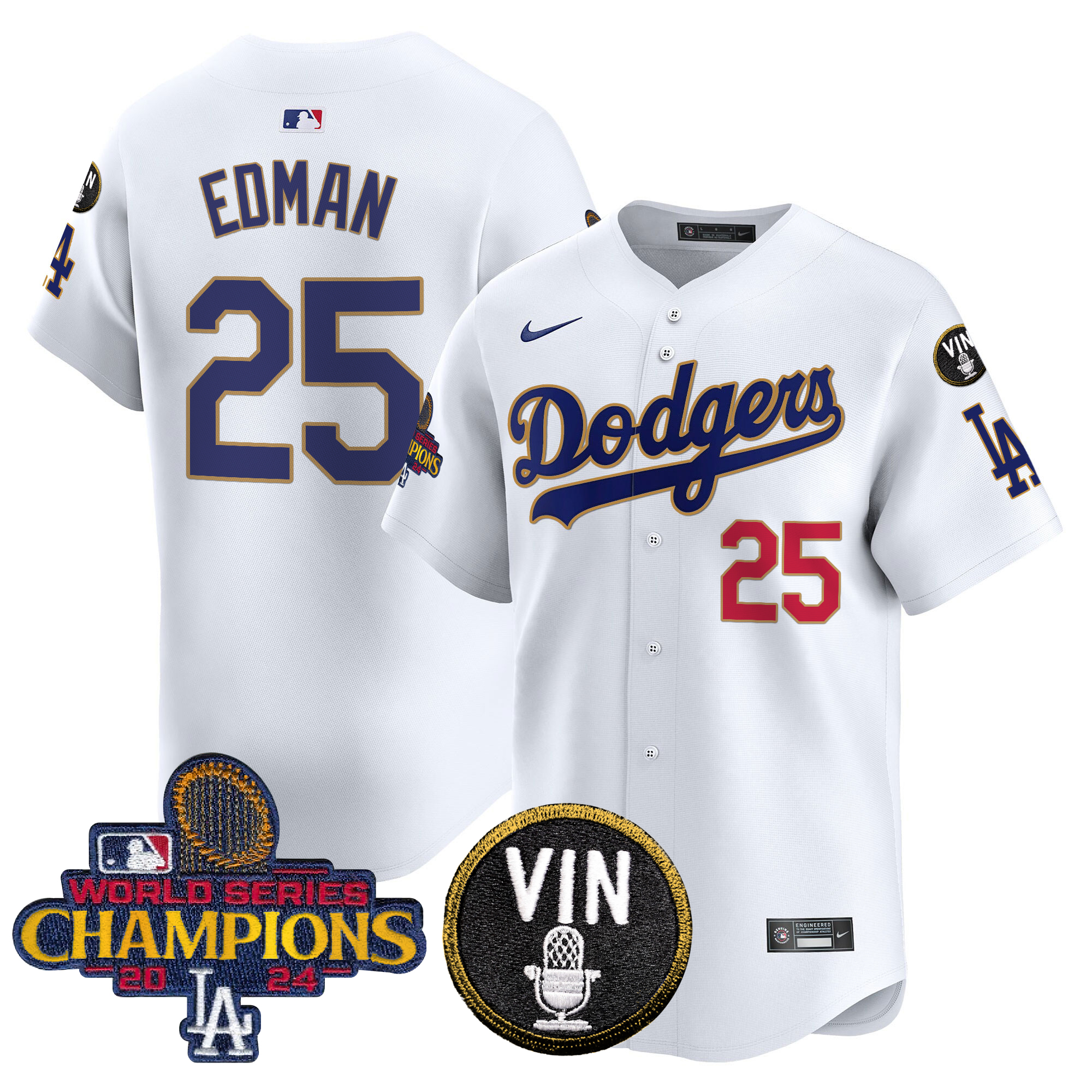 Tommy Edman Men's Los Angeles Dodgers 2024 World Series Champions Gold Trim Vapor Premier Limited White Jersey V3 - All Stitched