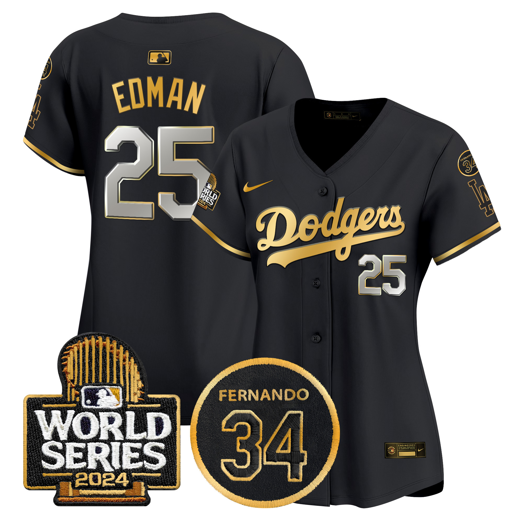 Tommy Edman Women's Los Angeles Dodgers Fernando Memorial & 2024 World Series Patch Vapor Premier Limited Black Gold Jersey - All Stitched