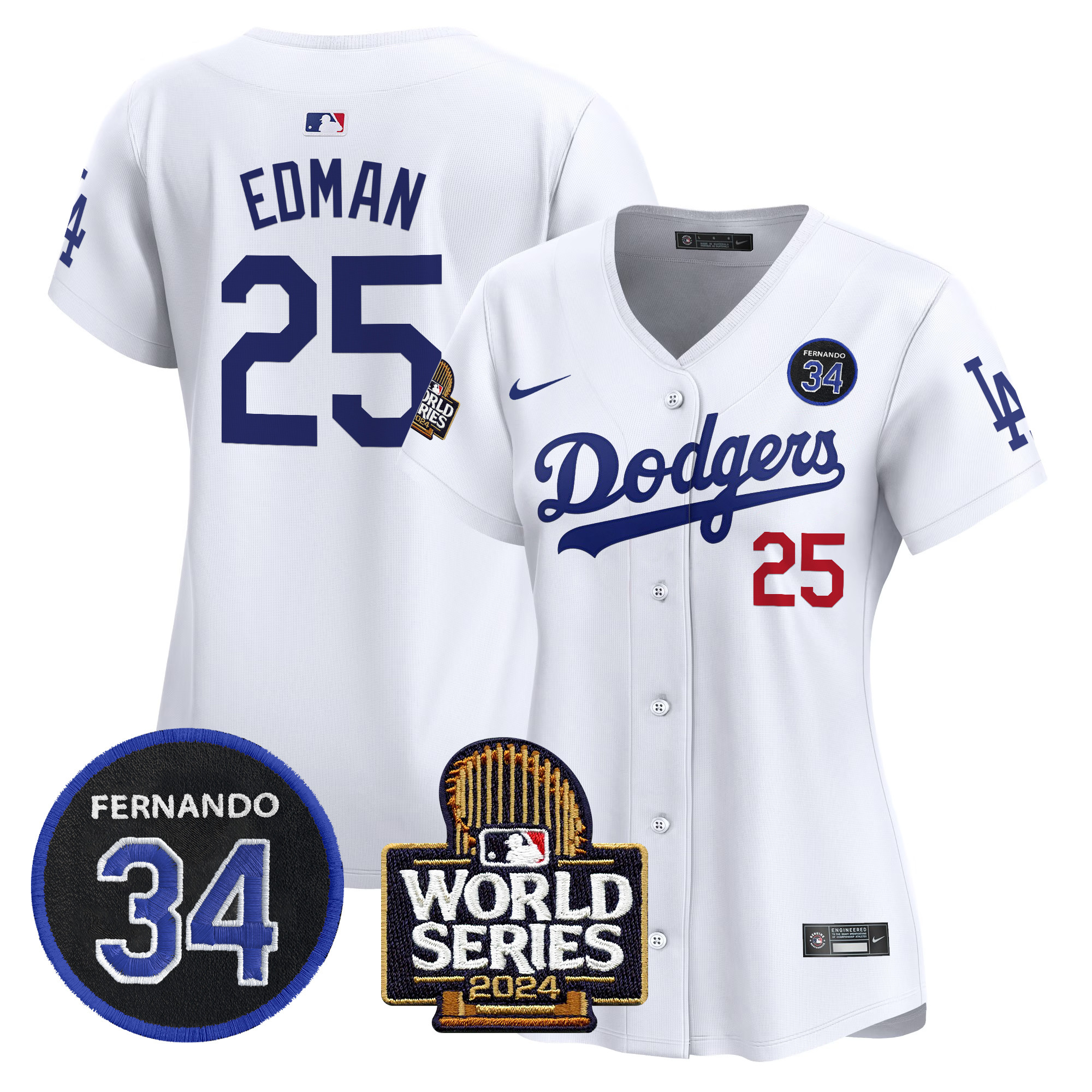 Tommy Edman Women's Los Angeles Dodgers Fernando Valenzuela & 2024 World Series Patch Vapor Premier Limited White Jersey V2 - All Stitched