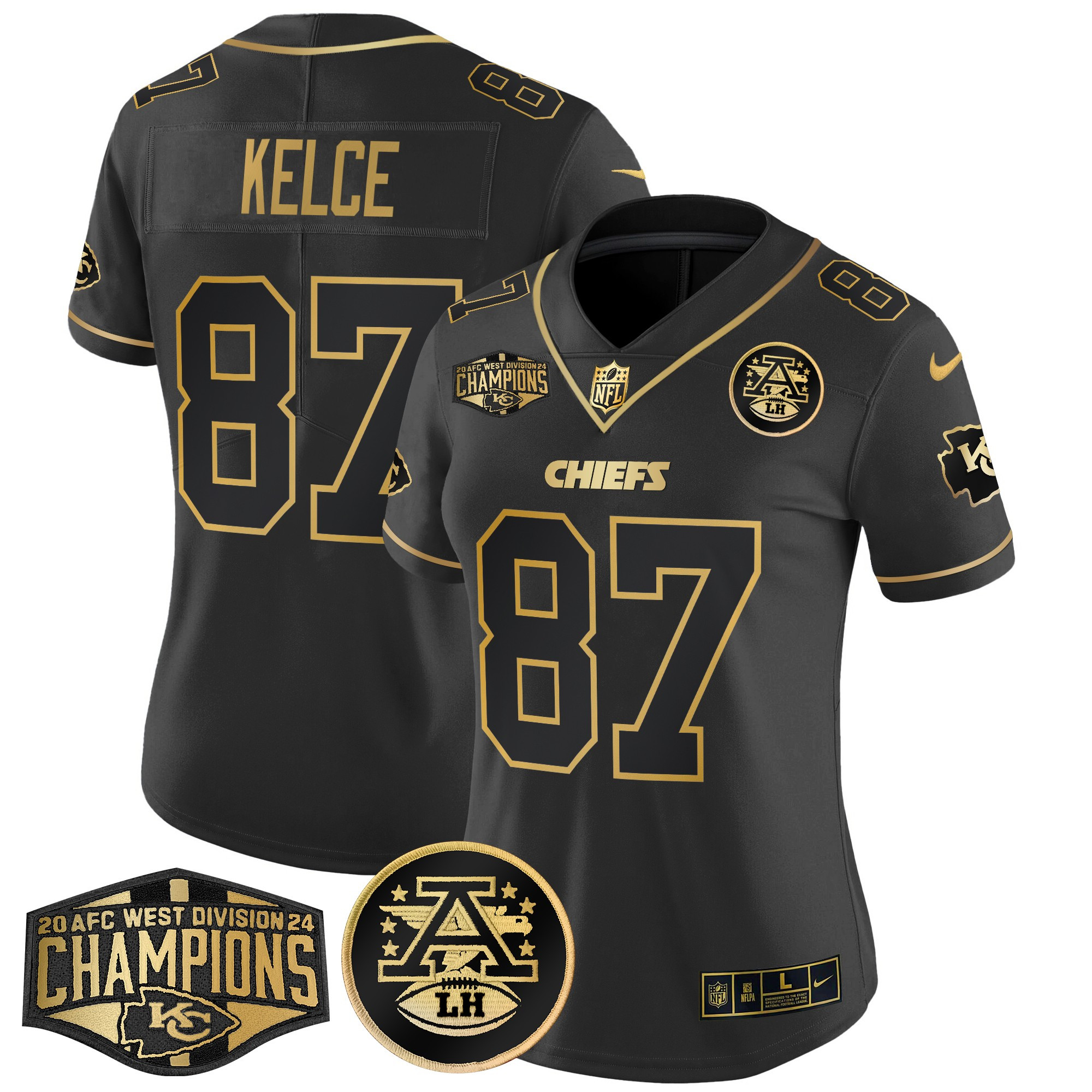 Travis Kelce Women's Kansas City Chiefs 2024 AFC West Division Champions Patch Gold Vapor Limited Black Gold Jersey - All Stitched