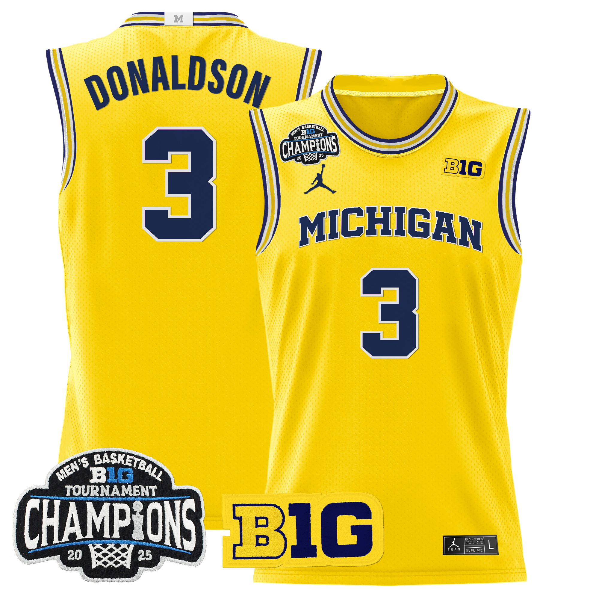 Tre Donaldson Men's Michigan Wolverines 2025 Big Ten Conference Tournament Champions Basketball Maize Jersey - All Stitched