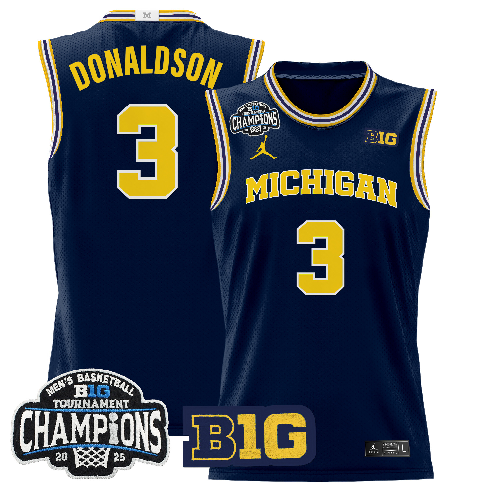 Tre Donaldson Men's Michigan Wolverines 2025 Big Ten Conference Tournament Champions Basketball Navy Jersey - All Stitched