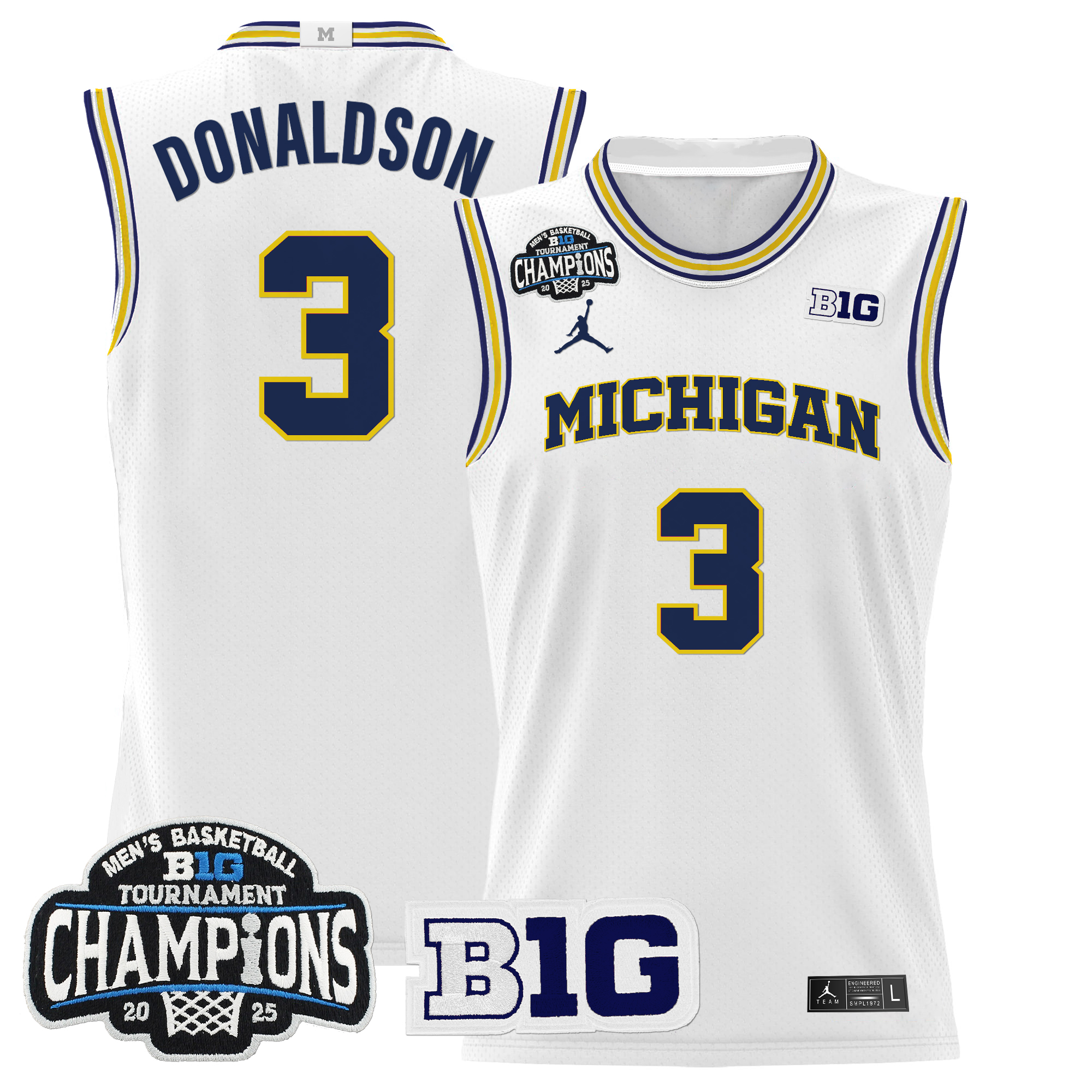 Tre Donaldson Men's Michigan Wolverines 2025 Big Ten Conference Tournament Champions Basketball White Jersey - All Stitched