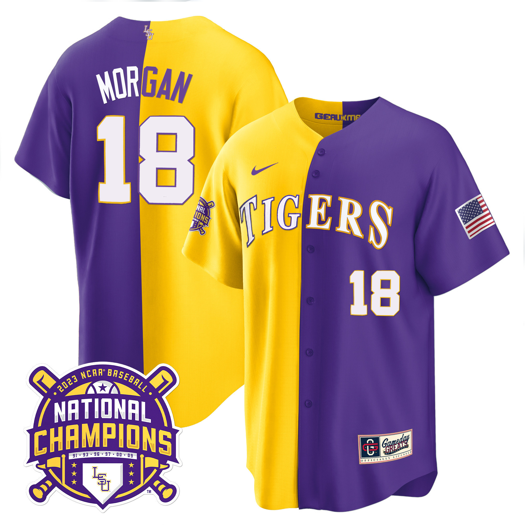 Tre Morgan Men's LSU Tigers 2023 National Champions Split Purple Gold Jersey - All Stitched