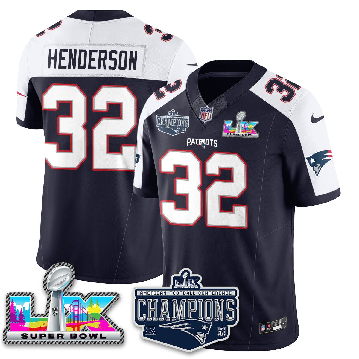 TreVeyon Henderson - 32 New England Patriots 2025 AFC Champions Vapor Limited Navy Alternate Jersey - All Stitched