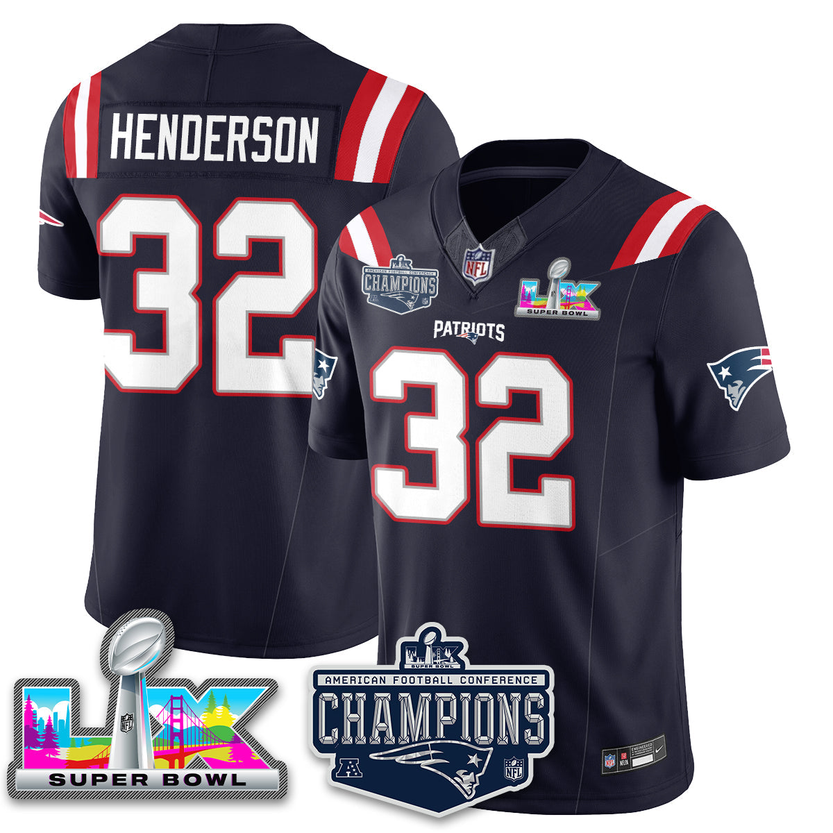 TreVeyon Henderson - 32 New England Patriots 2025 AFC Champions Vapor Limited Navy Jersey - All Stitched