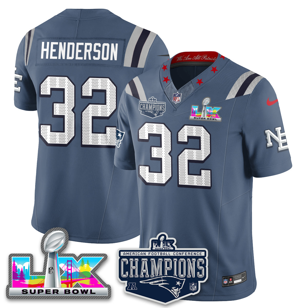 TreVeyon Henderson - 32 New England Patriots 2025 AFC Champions Vapor Limited Storm Blue Jersey - All Stitched