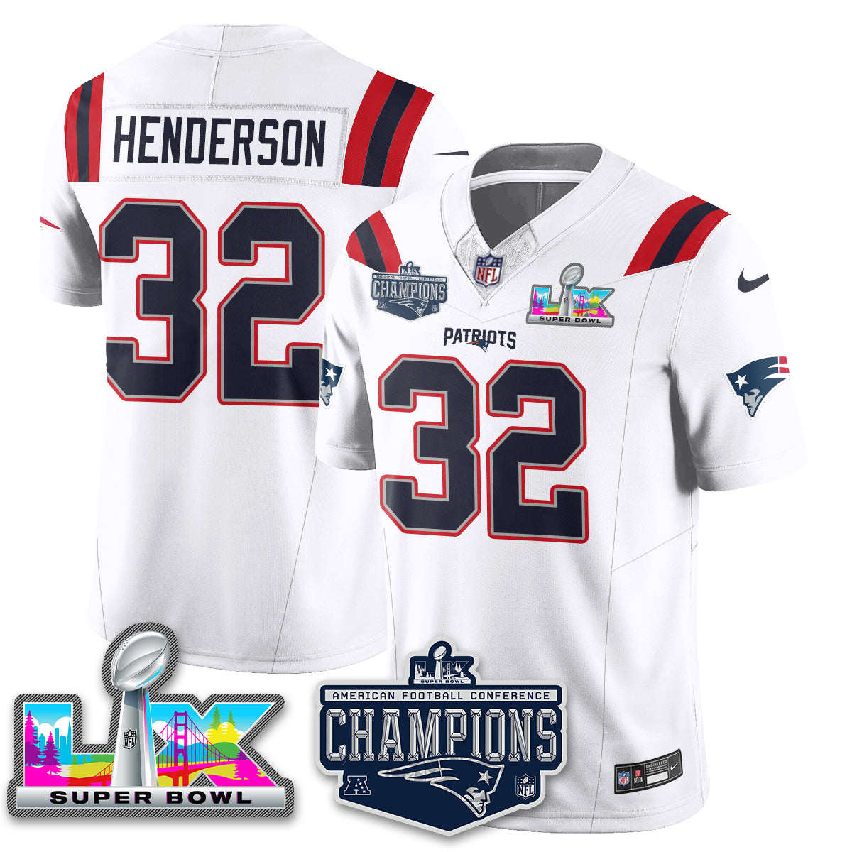 TreVeyon Henderson - 32 New England Patriots 2025 AFC Champions Vapor Limited White Jersey - All Stitched