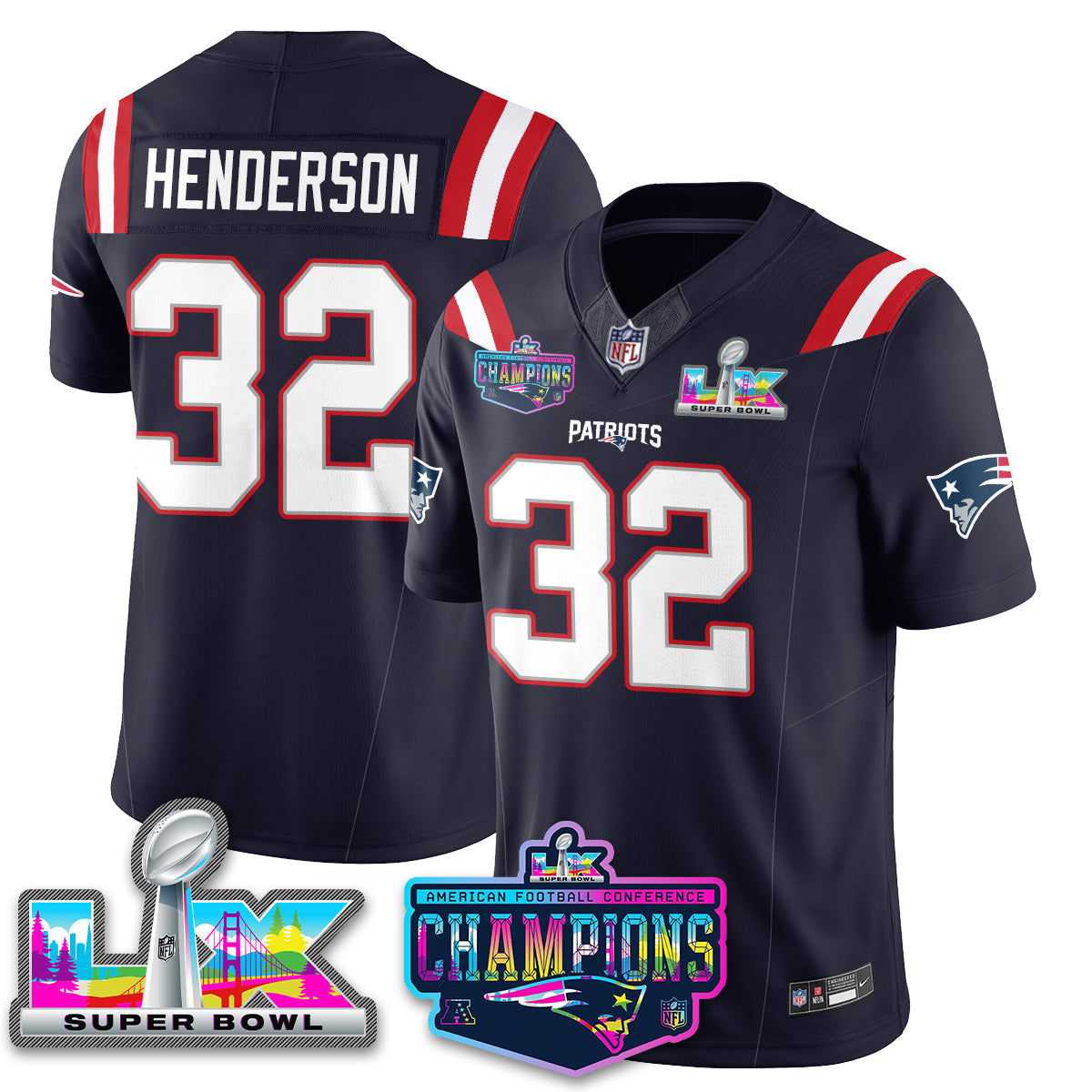TreVeyon Henderson - 32 New England Patriots 2025 Vapor Navy Jersey - AFC Champions Limited Patch - All Stitched