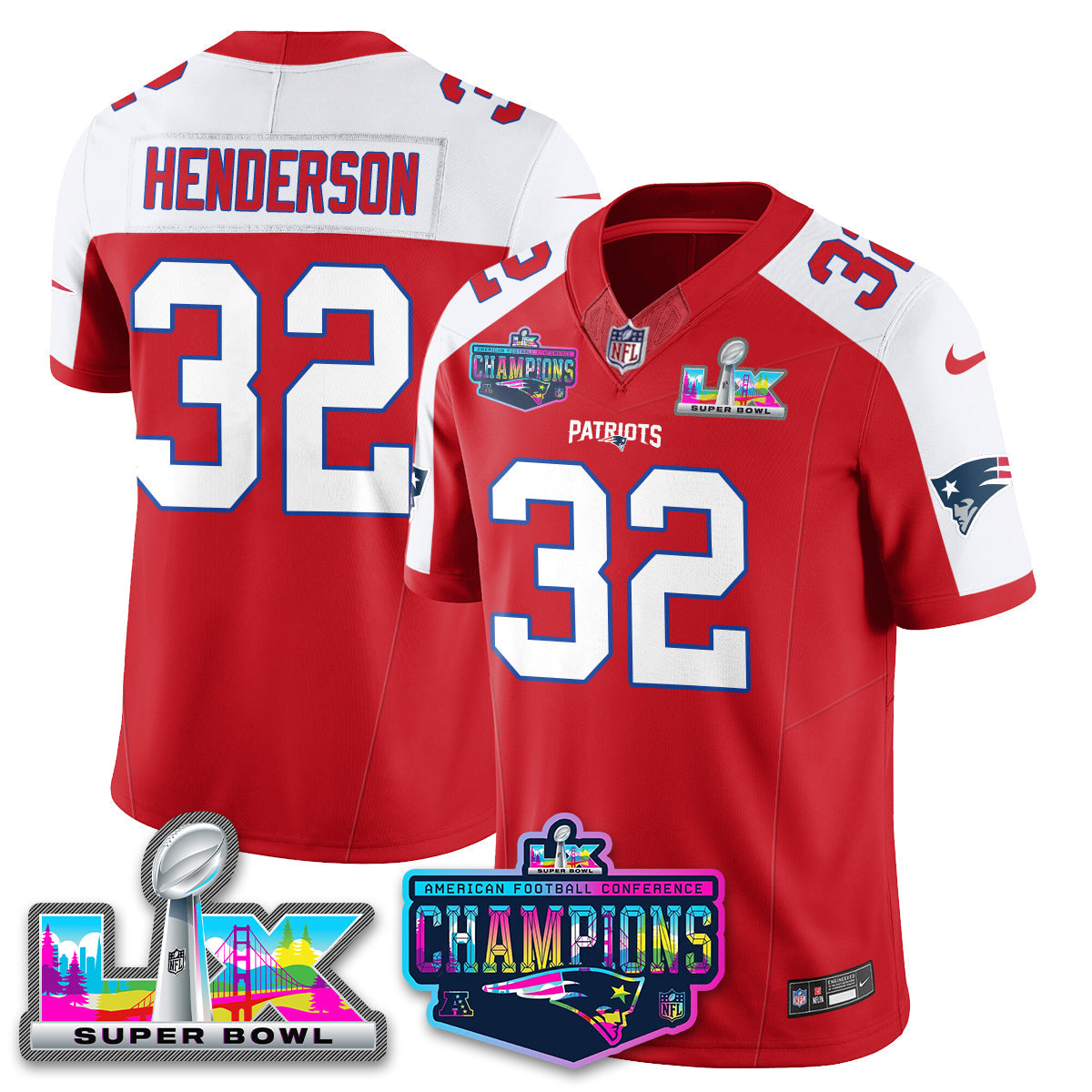 TreVeyon Henderson - 32 New England Patriots 2025 Vapor Red Alternate Jersey - AFC Champions Limited Patch - All Stitched