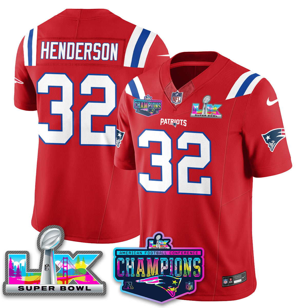TreVeyon Henderson - 32 New England Patriots 2025 Vapor Red Jersey - AFC Champions Limited Patch - All Stitched