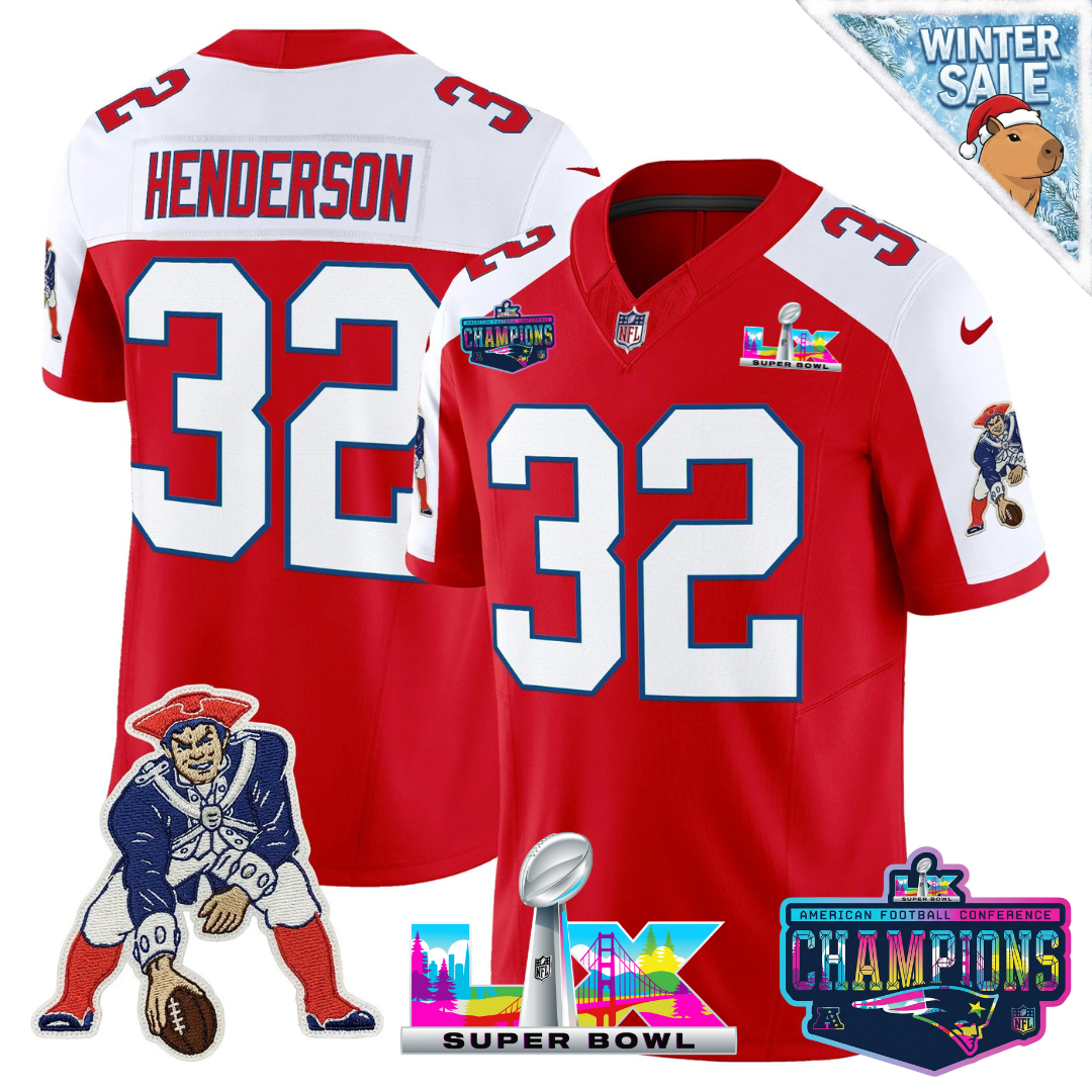 TreVeyon Henderson - 32 New England Patriots 2025 Vapor Red Throwback Alternate Jersey - AFC Champions Limited Patch - All Stitched