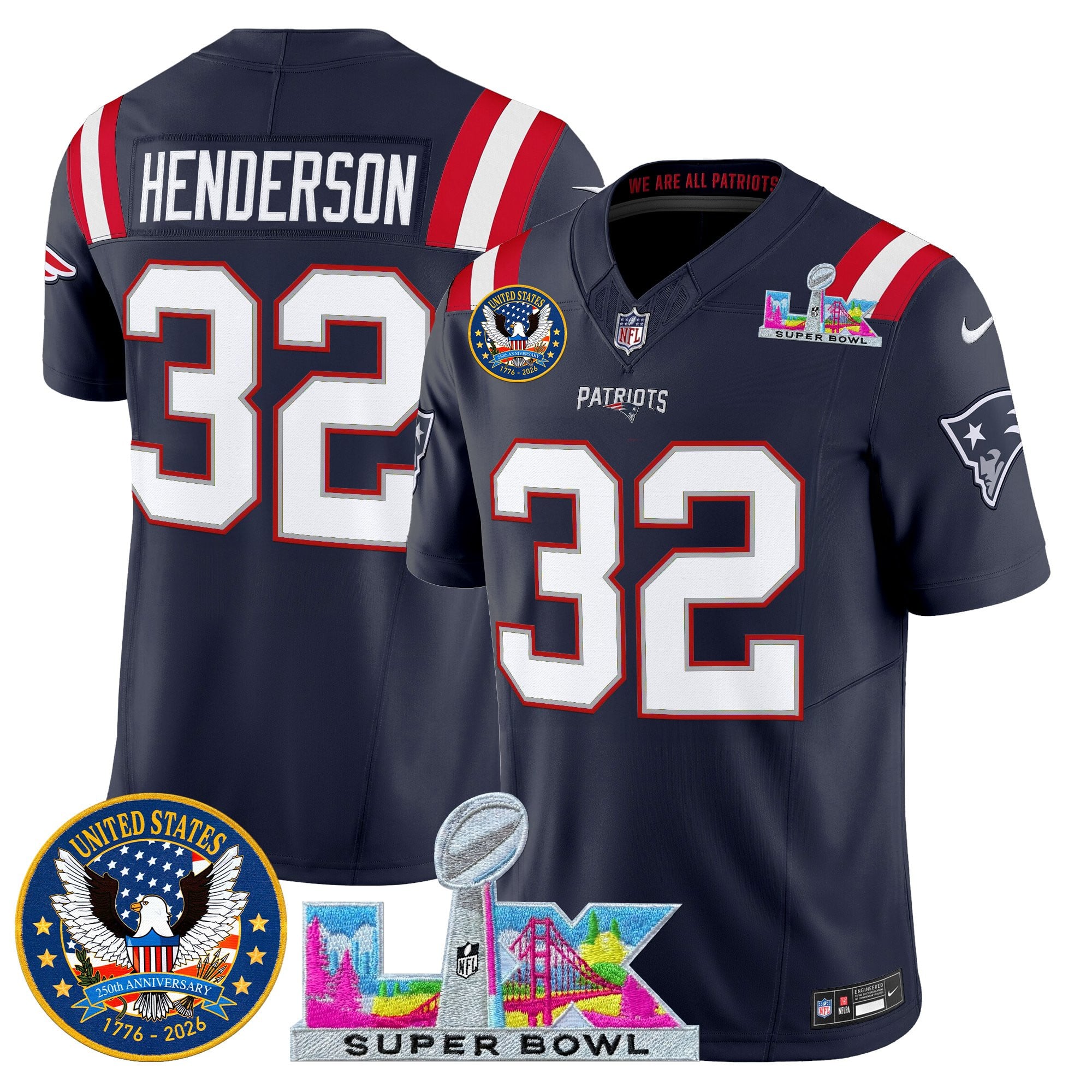 TreVeyon Henderson Men's New England Patriots “Super Bowl LX & United States 250th Patch” Vapor Limited Navy Jersey - All Stitched