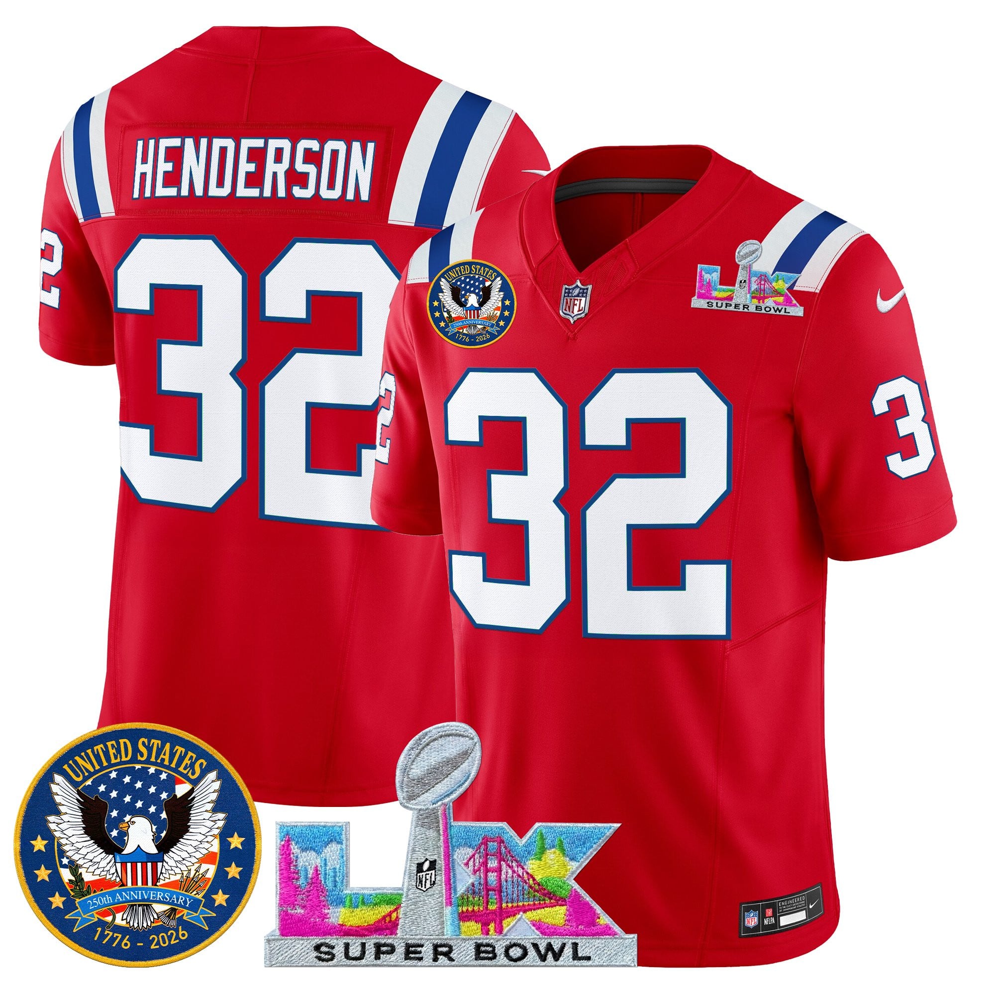 TreVeyon Henderson Men's New England Patriots “Super Bowl LX & United States 250th Patch” Vapor Limited Red Jersey - All Stitched