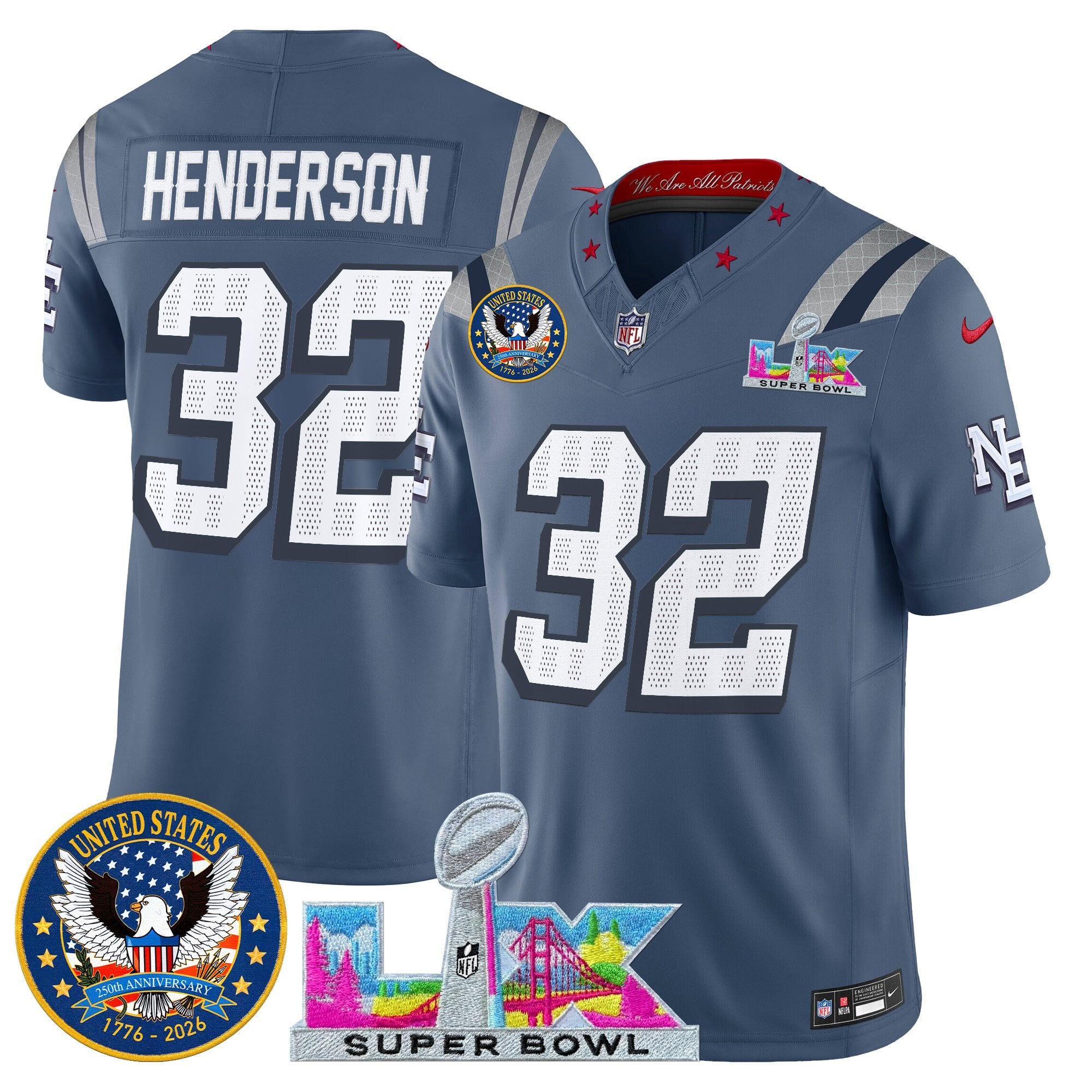 TreVeyon Henderson Men's New England Patriots “Super Bowl LX & United States 250th Patch” Vapor Limited Storm Blue Jersey - All Stitched