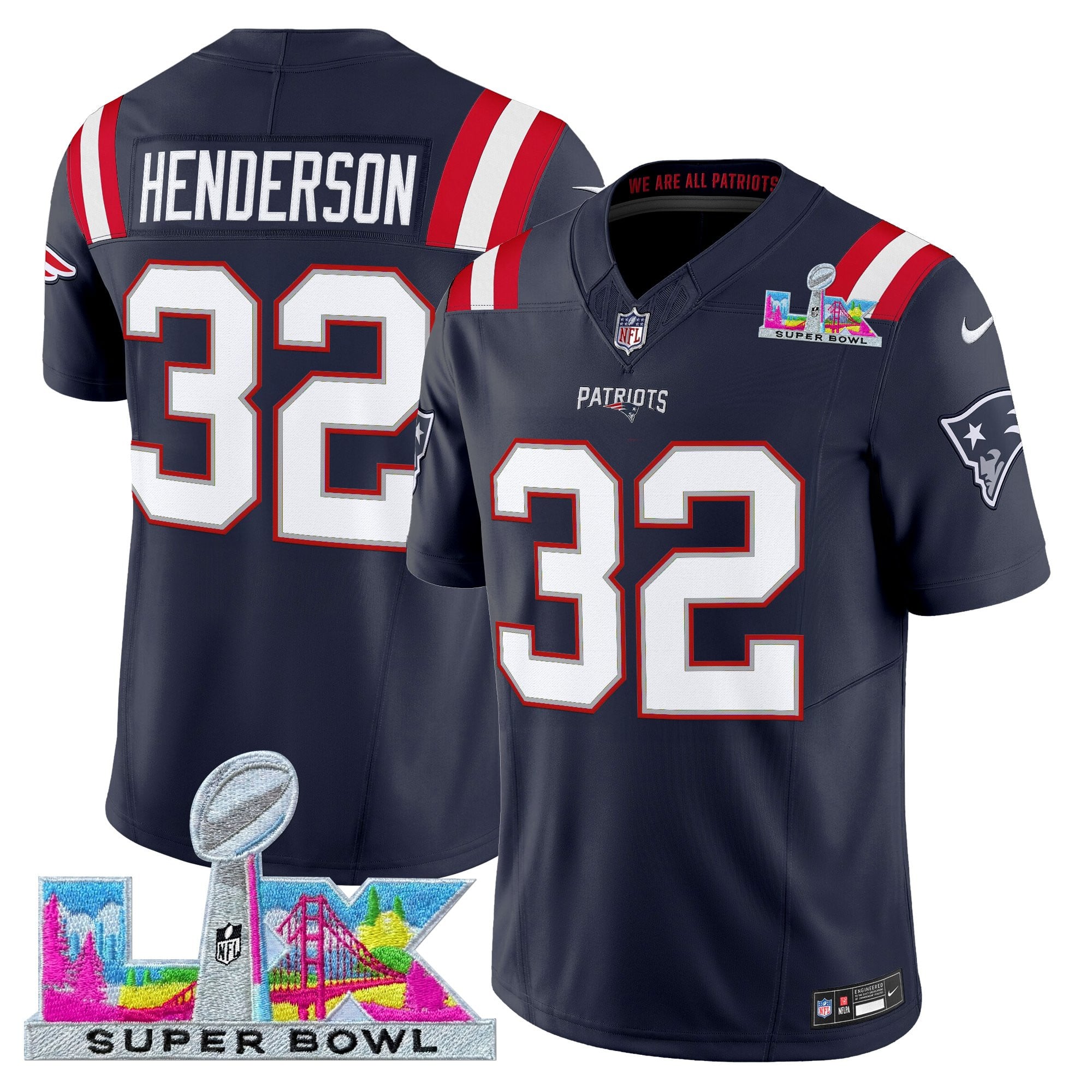 TreVeyon Henderson Men's New England Patriots Super Bowl LX Vapor Limited Navy Jersey - All Stitched