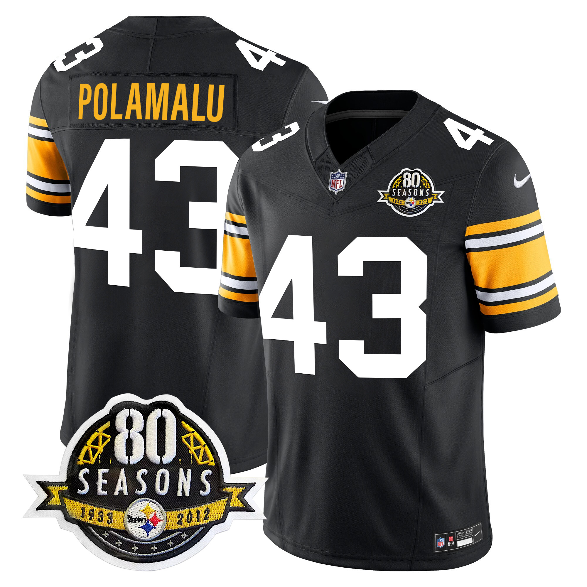 Troy Polamalu Men's Pittsburgh Steelers 80th Anniversary Patch Vapor Limited 1975 Throwback Jersey - All Stitched